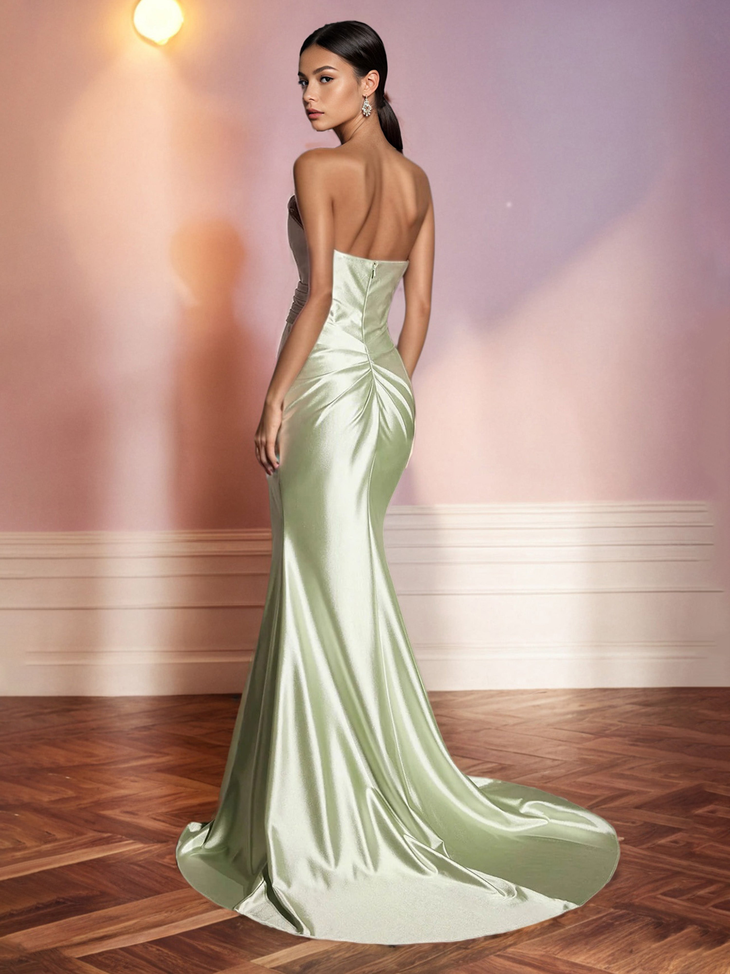 Robe de Soirée SAUGE POUDREE Col Bustier Sirène Satin Extensible Fendue Haute avec Traîne