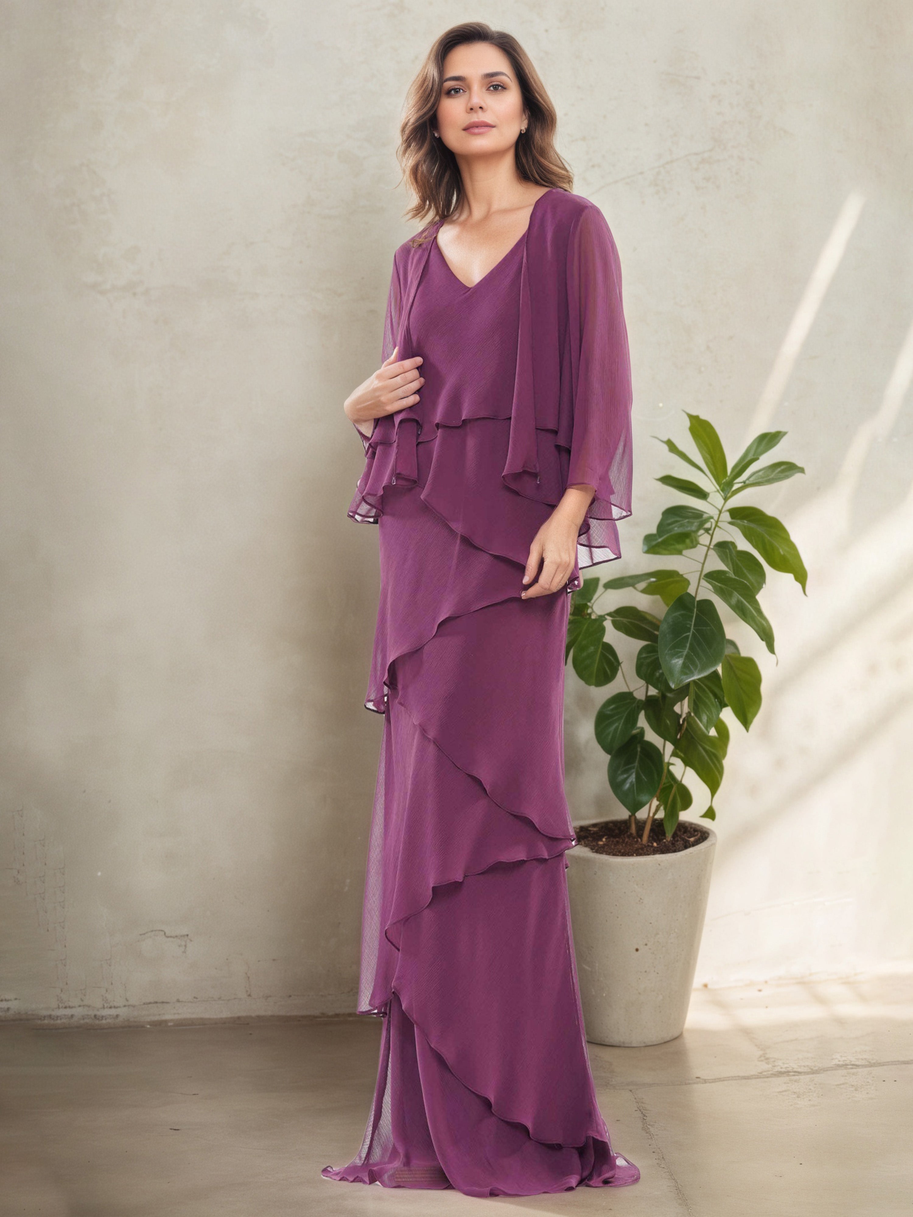 Robe Mère de la Mariée Orchidée Silhouette Fourreau/Colonne Longue à Décolleté en V avec Superpositions et Manches 3/4