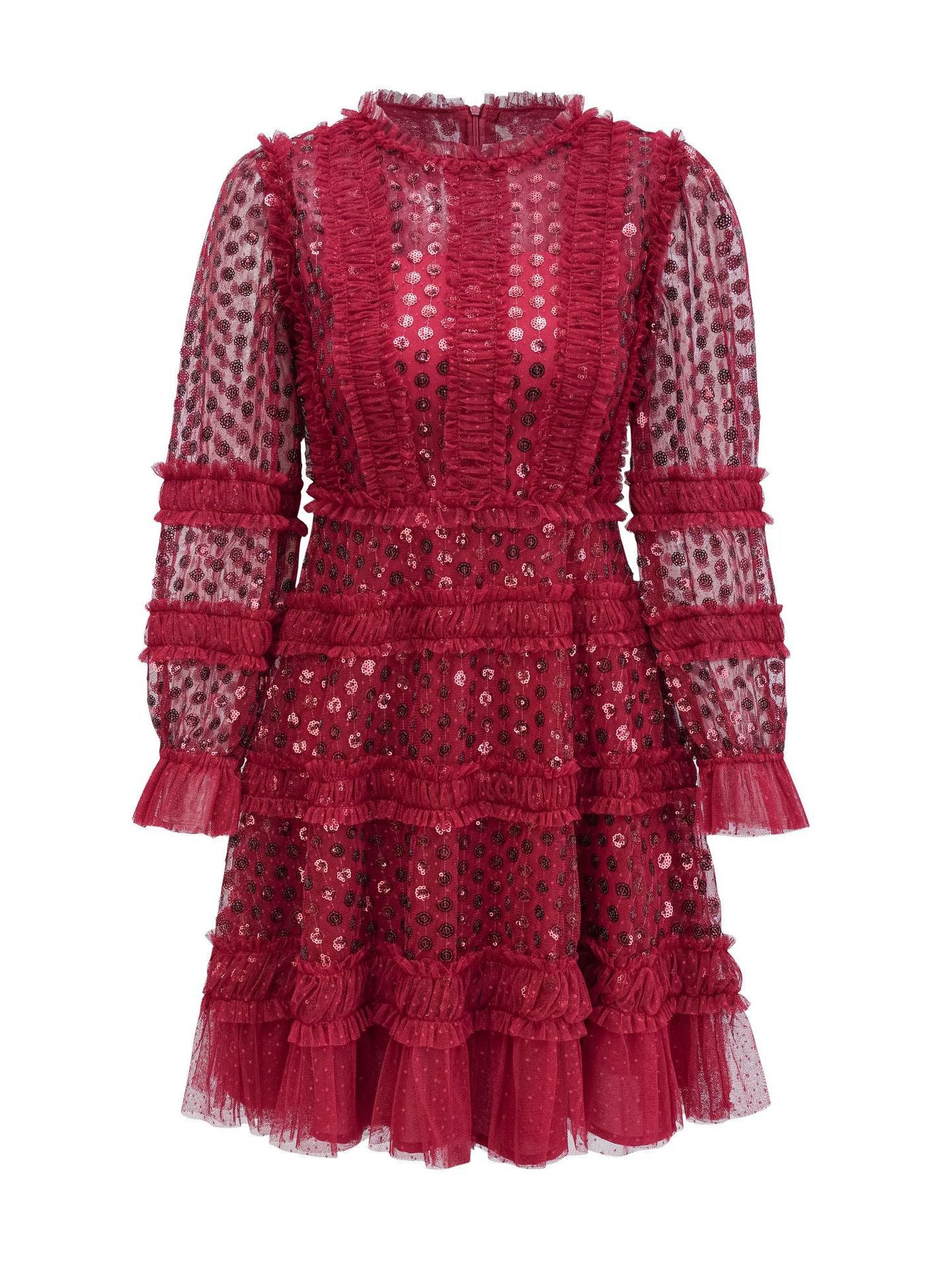 Robe Courte Trapèze Paillettes Col Rond Manches Longues Robe de Soirée en Rouge