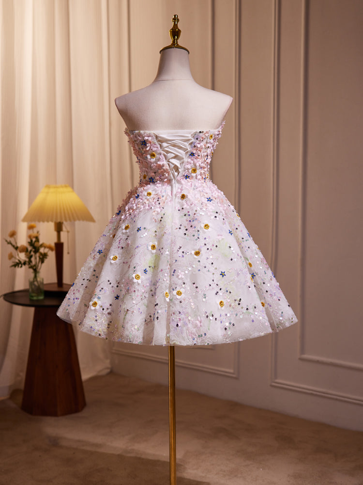 Robe de bal en Tulle Col Cœur sans Manches avec Fleurs et Paillettes