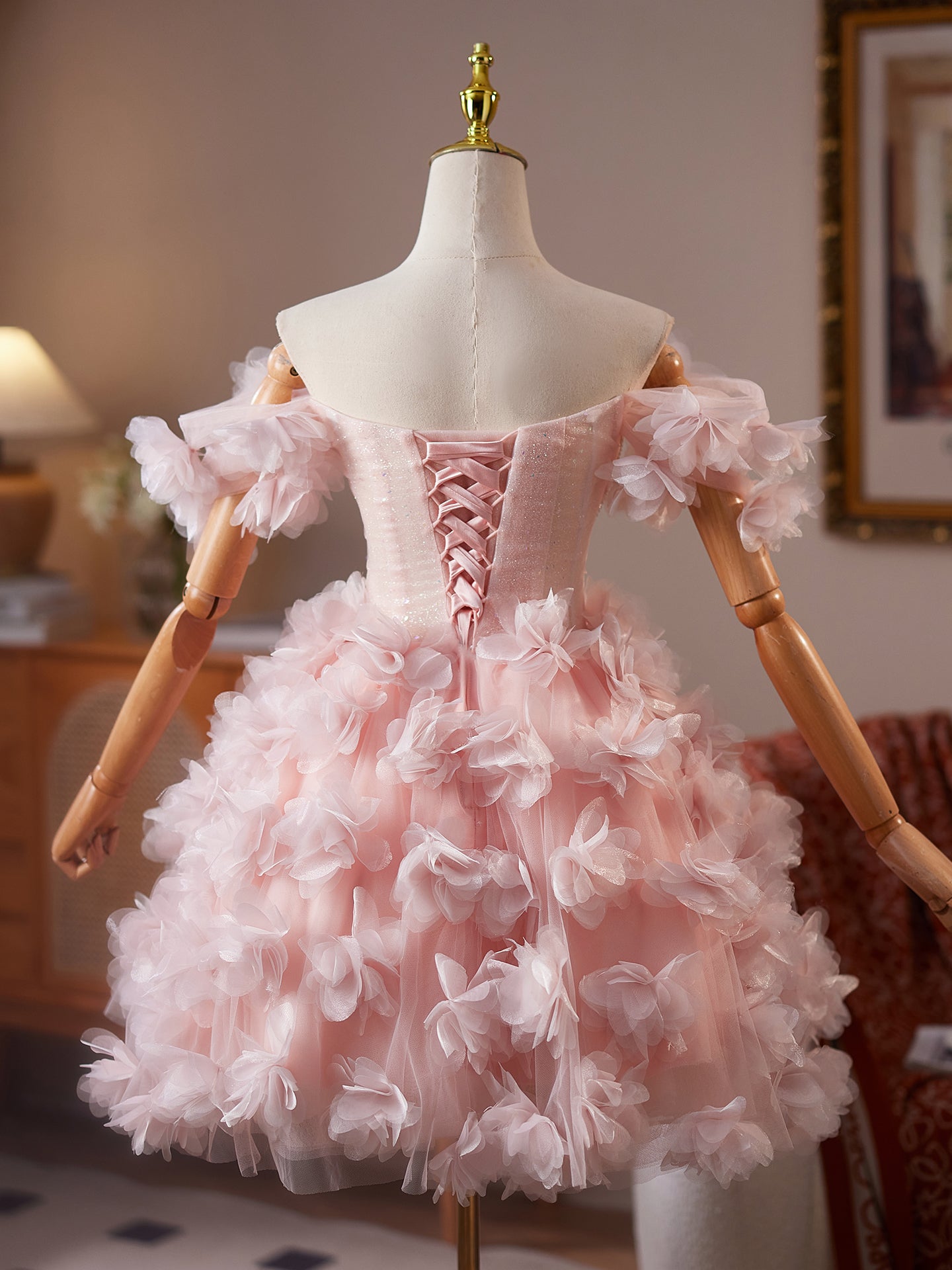 Robe de Bal Princesse Rose Épaules Dénudées Robe Boule à Cristaux pour Homecoming