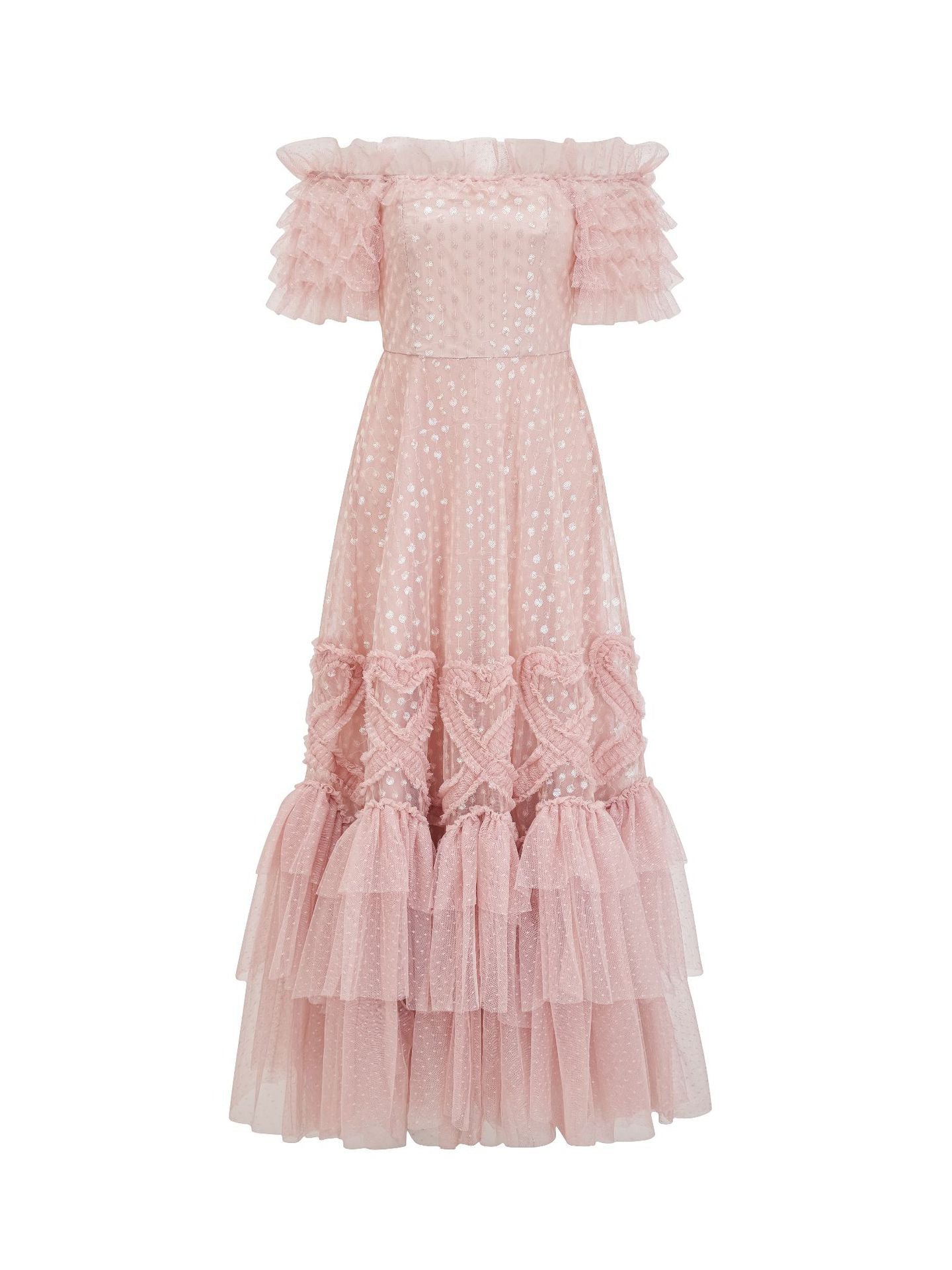 Robe Paillettes Trapèze Épaule Dénudée Manches Courtes Robe de Soirée en Rose