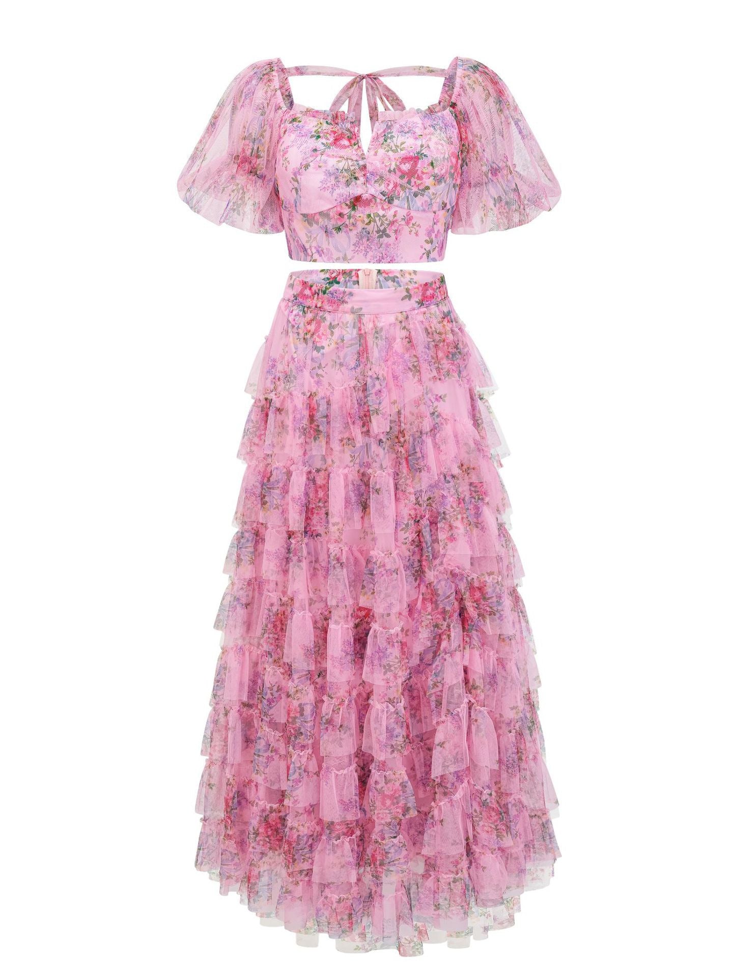 Robe Longue Deux Pièces Trapèze Col Carré Manches Courtes Robe de Soirée en Rose