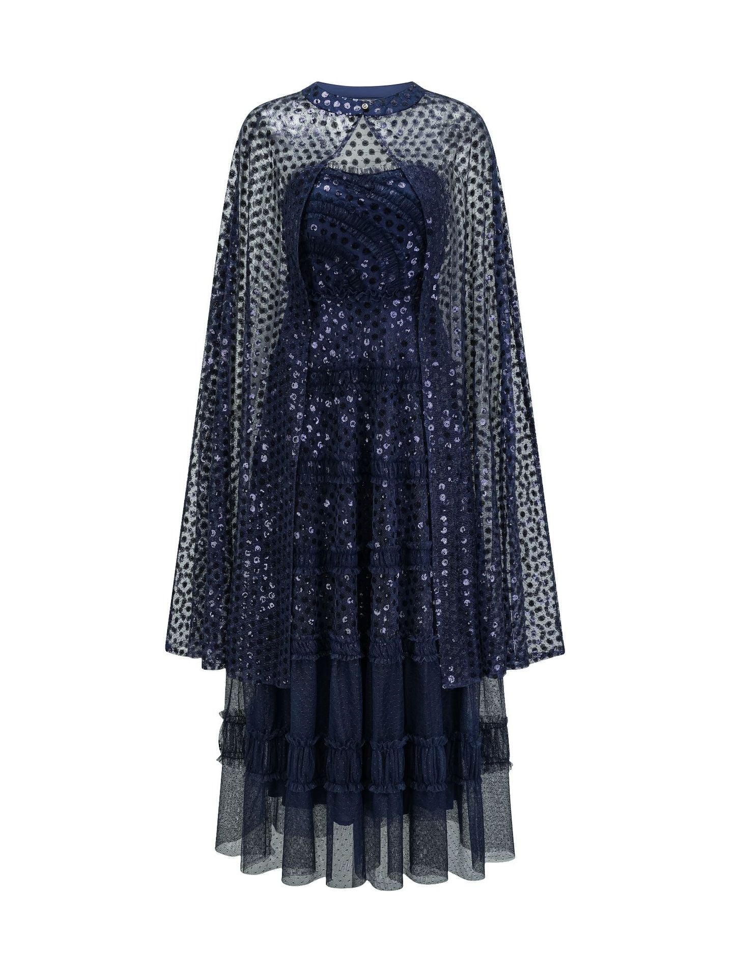 Robe Paillettes Deux Pièces Trapèze Sans Manches Robe de Soirée en Bleu Marine