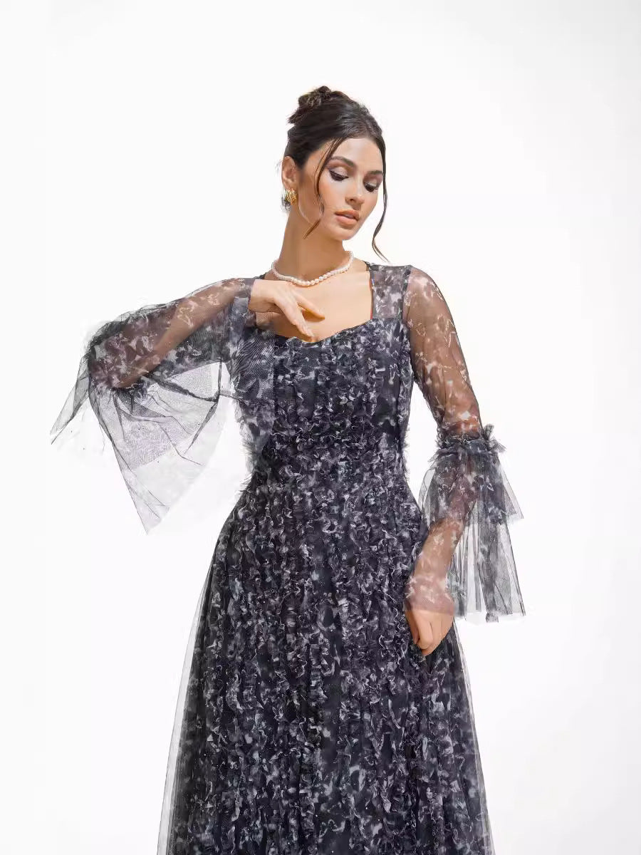 Robe Longue Trapèze Col en Cuillère Manches Longues Robe de Soirée en Noir