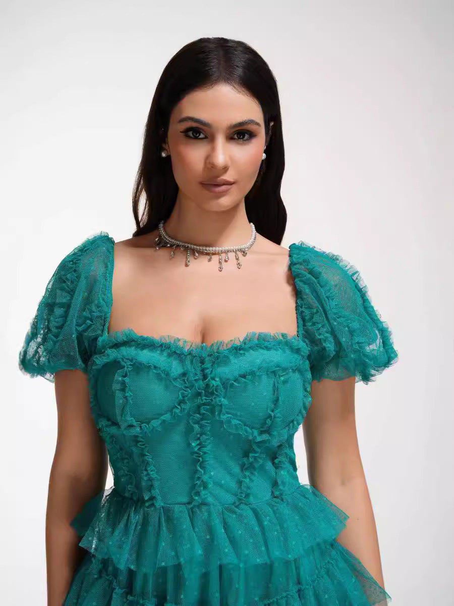 Robe Longue Trapèze Cache Cœur Manches Courtes Robe de Soirée en Paon