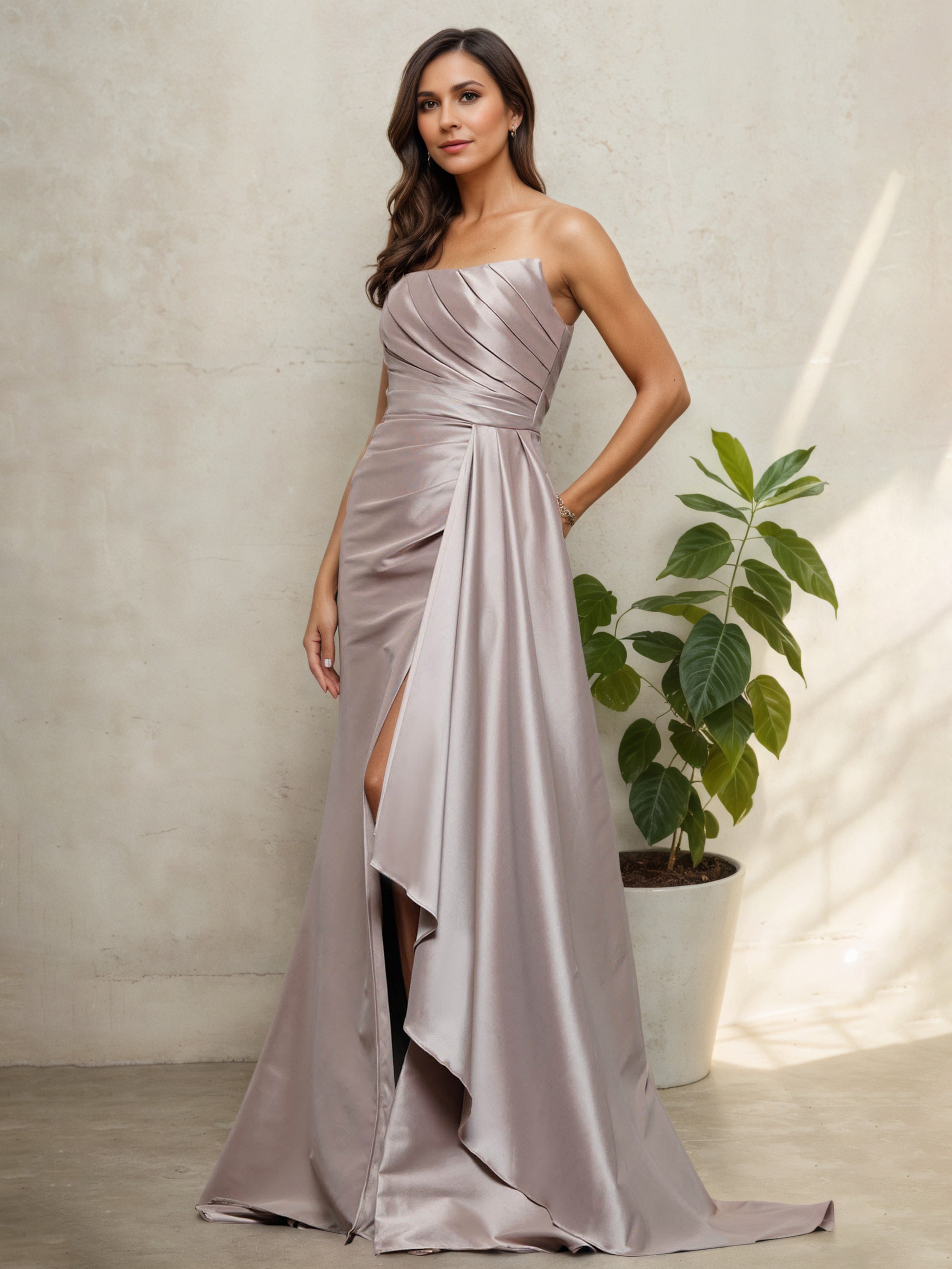 Robe Mère de la Mariée Taupe Sans Bretelles Silhouette Sirène à Plissés Sophistiqués