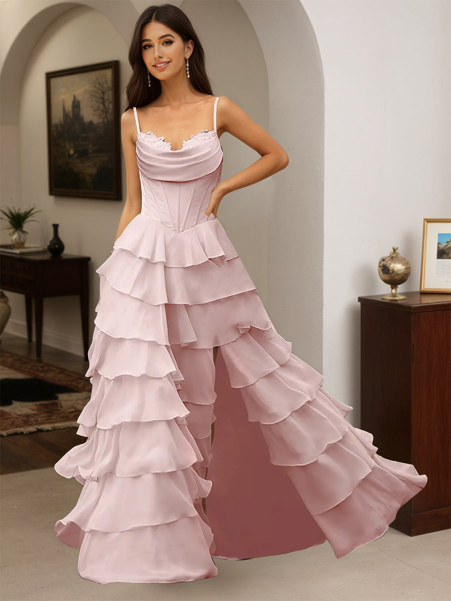 Cicinia Robe de Soirée Rose Longue A-Line à Bretelles Spaghetti Longueur Sol Fente à Volants