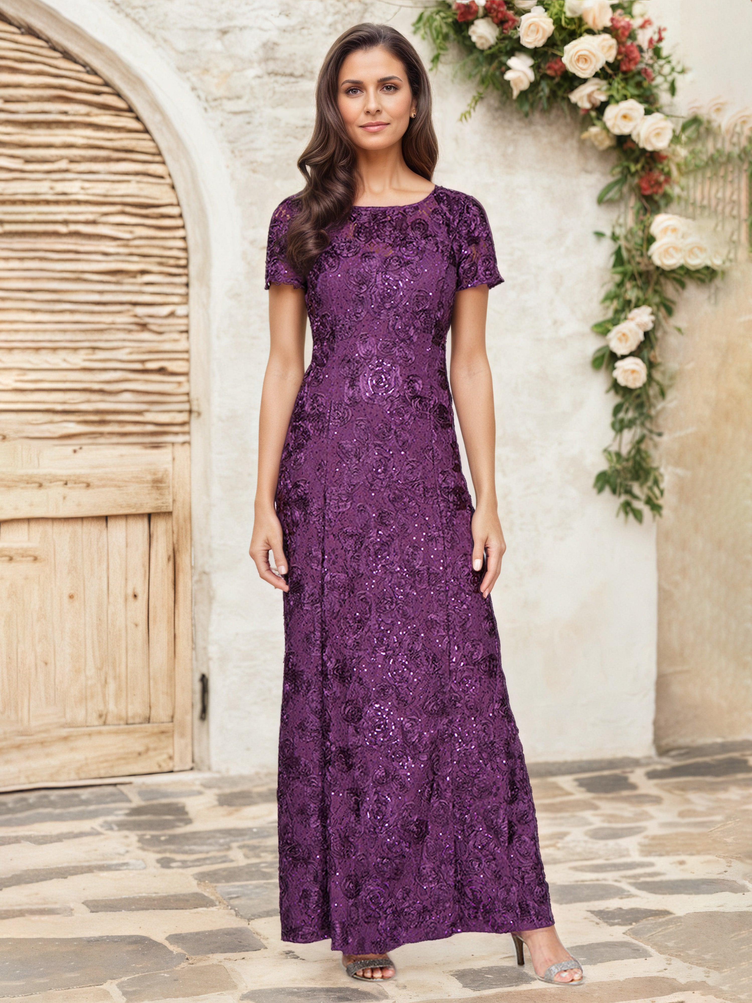 Robe Cérémonie Mariage Mère Du Marié RAISIN Paillettes Florales Fourreau/Colonne Robe Mère de la Mariée