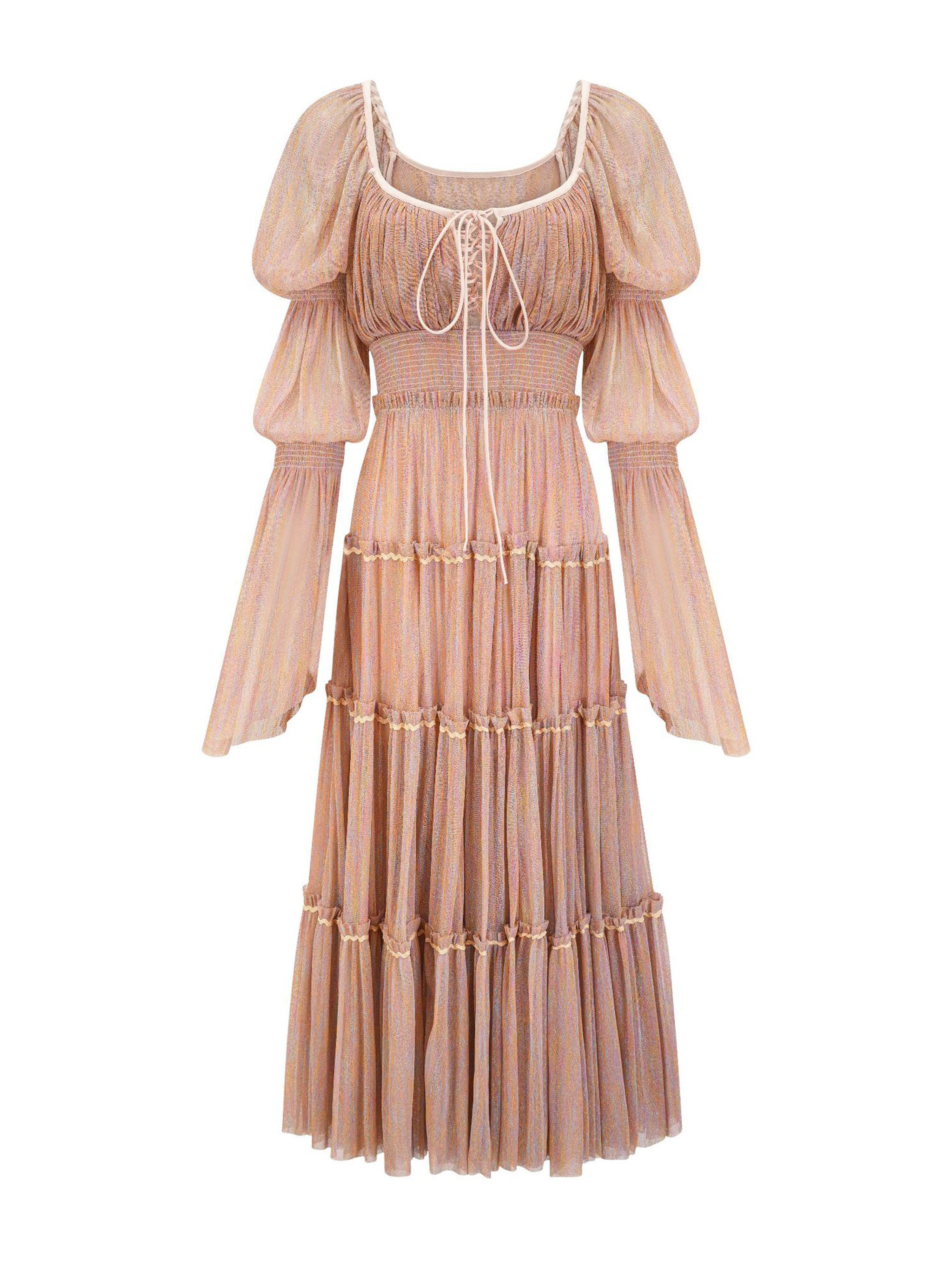 Robe Trapèze Col Carré Manches Longues Paillettes Robe de Soirée en Ambre