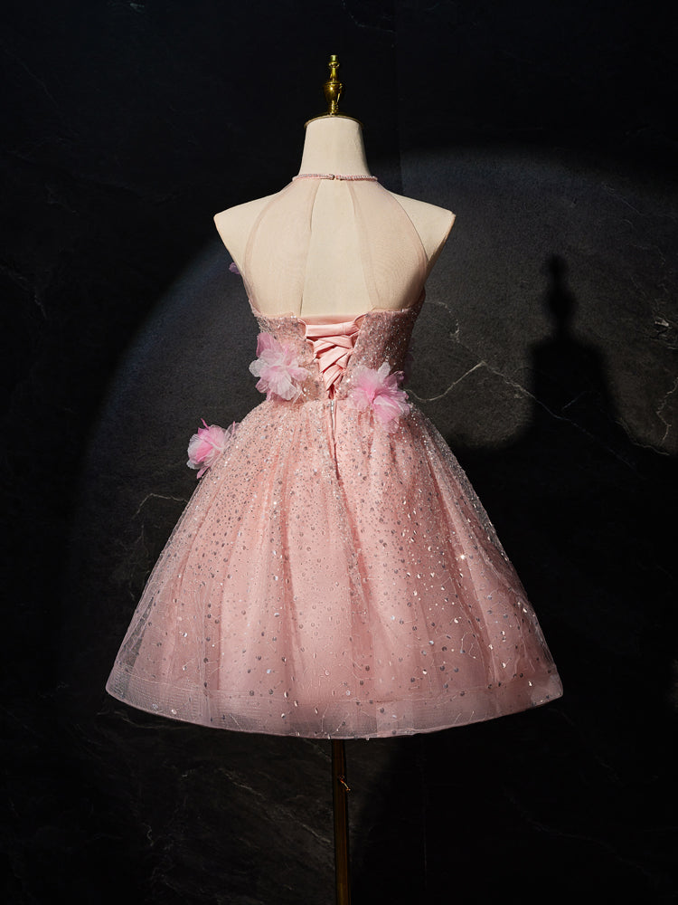 Robe de bal Licou Tulle Longueur Genou sans Manche avec Appliques Florales 3D