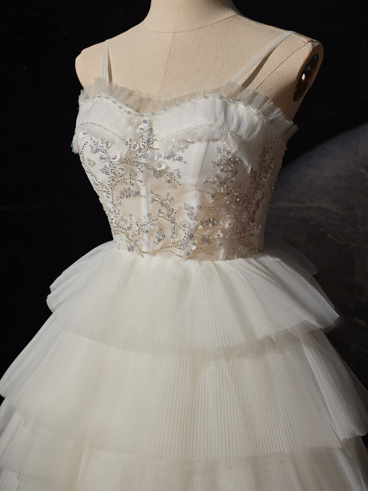 Robe de Mariée Ivoire Hautes et Basses en Tulle à Bretelles Spaghetti