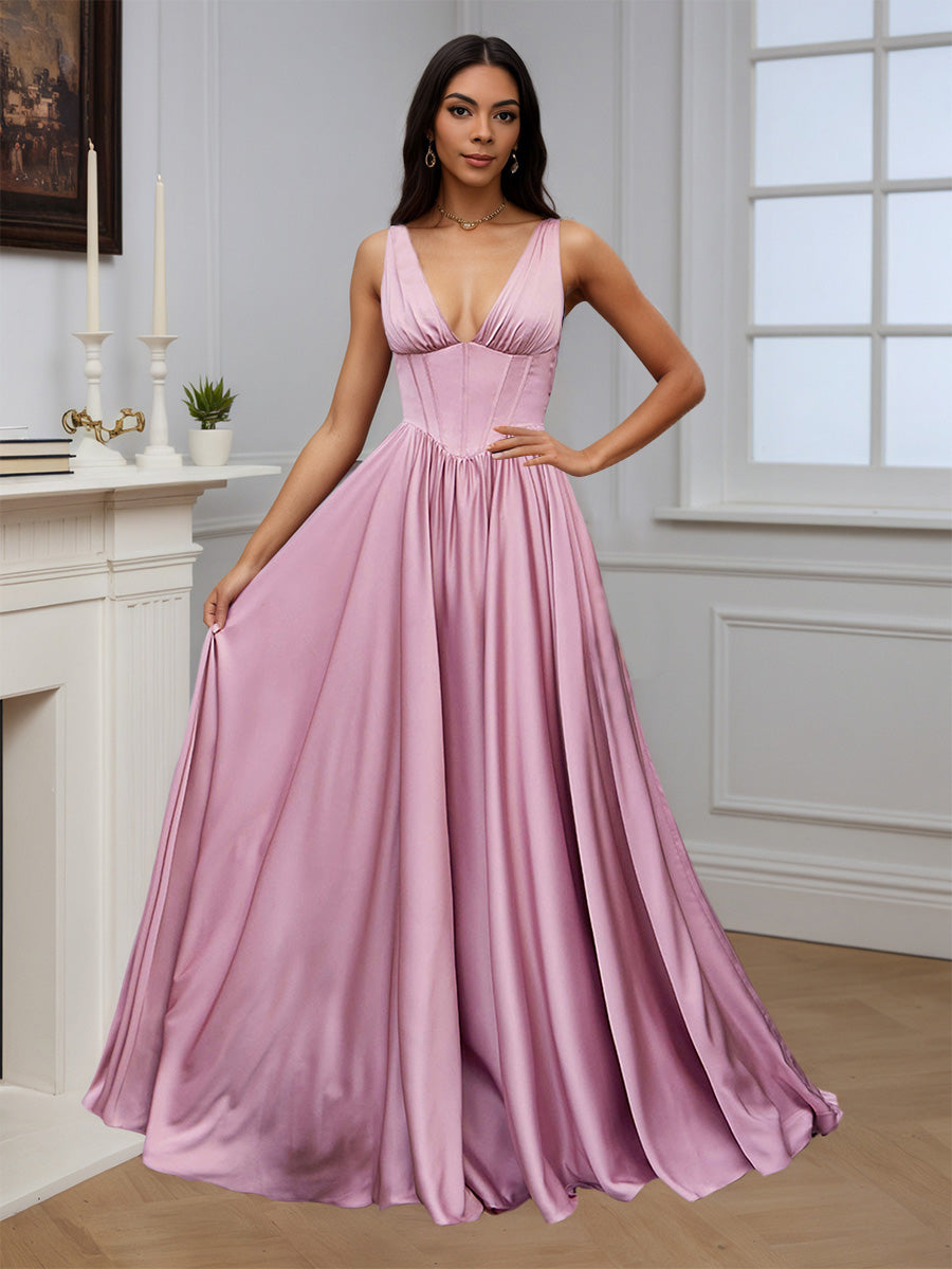 Cicinia Robe de Soirée Rose Longue en Satin Doux A-Line Décolleté en V