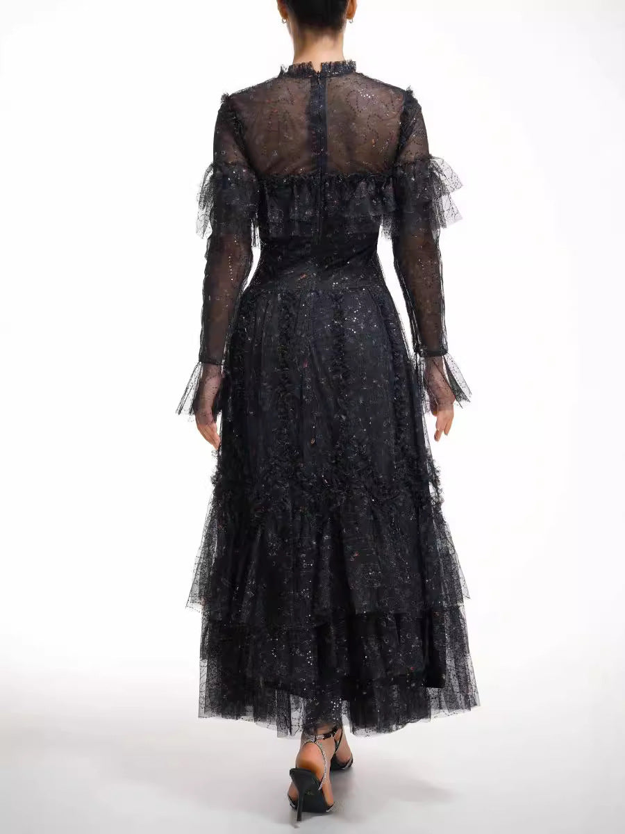 Robe Longue Trapèze Col Rond Manches Longues Robe de Soirée en Noir