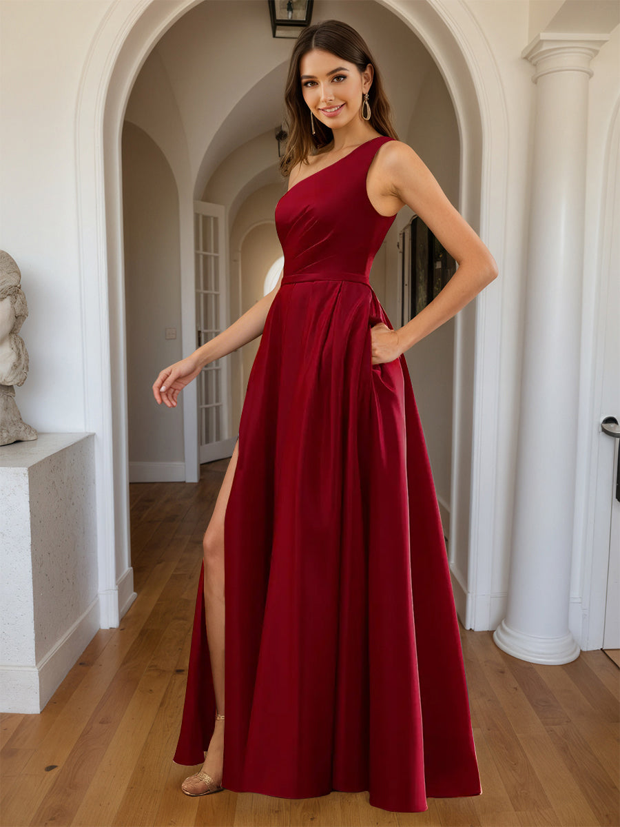 Cicinia Robe de Soirée BORDEAUX Longue A-Line en Satin Une Épaule Fente Longueur Sol