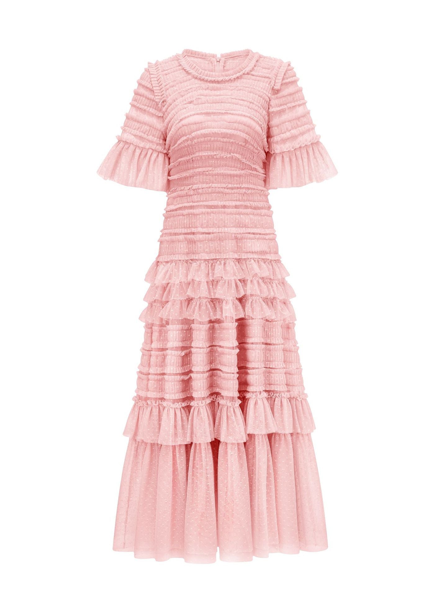 Robe Trapèze Col Rond Manches Courtes Robe de Soirée en Rose