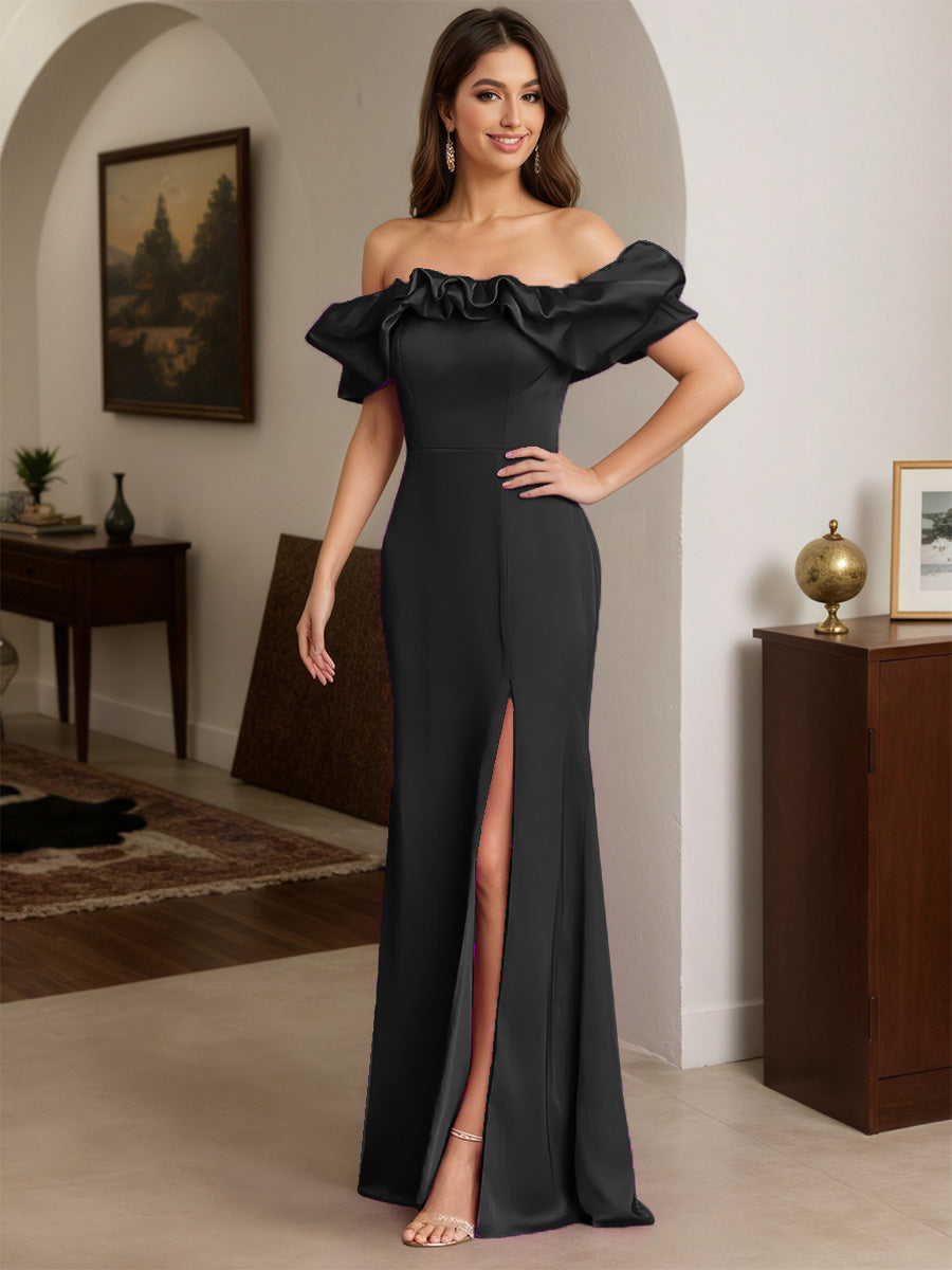 Cicinia Noir Robe de Soirée Longue en Satin Extensible Fourreau Épaules Dénudées Longueur Sol