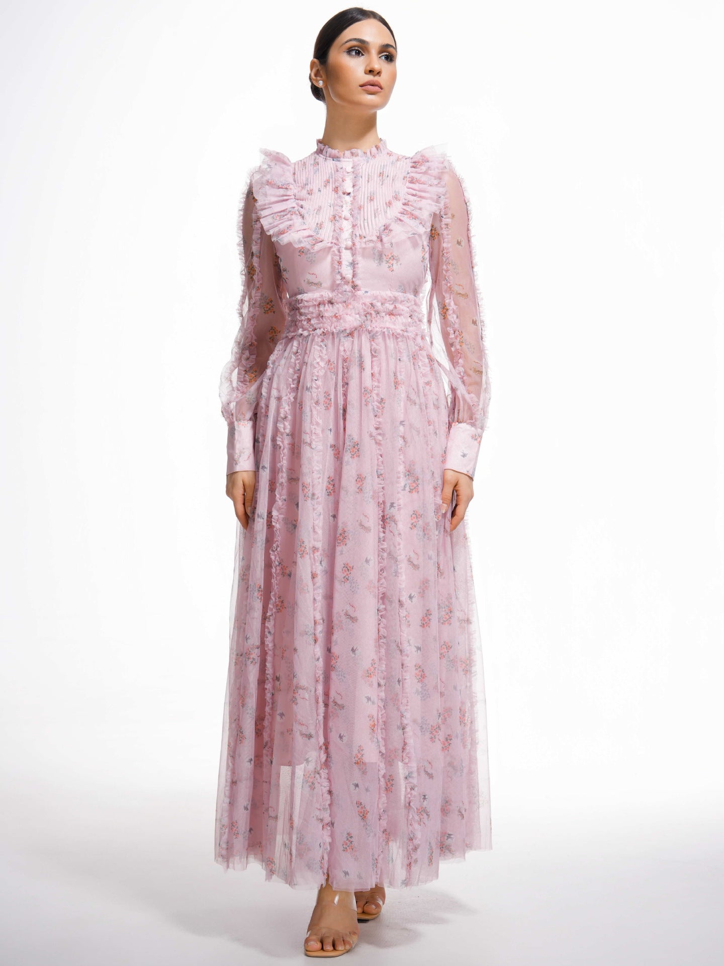 Robe Longue Trapèze Col Rond Manches Longues Robe de Soirée en Rose