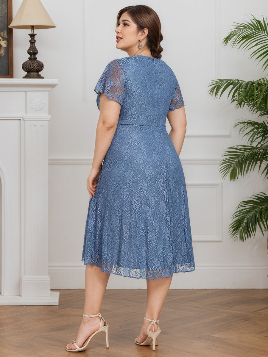 Cicinia BLEU POUDRE Robe pour Mère de la Mariée Longue en Dentelle A-Line Décolleté en V Longueur Midi (Thé) Grande Taille
