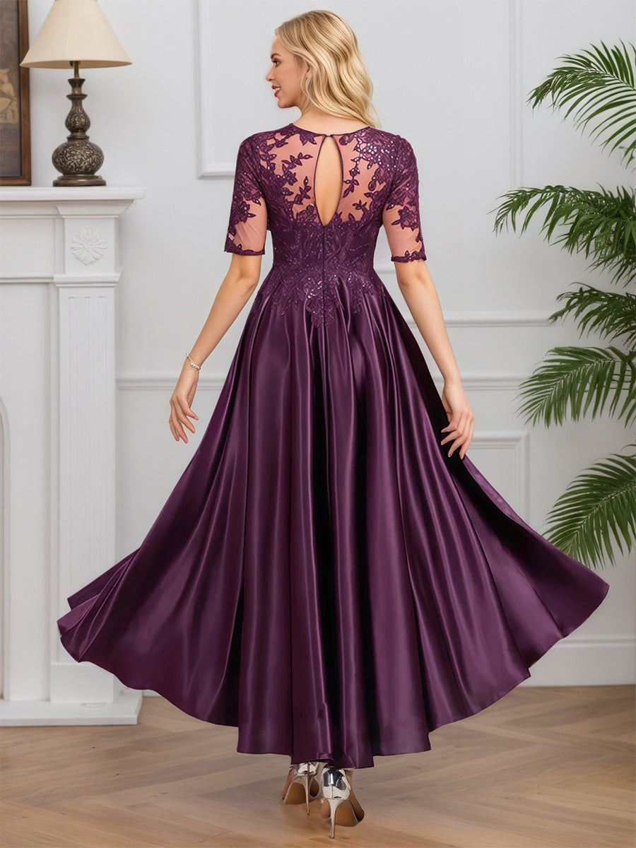 Cicinia Raisin Robe pour Mère de la Mariée Longue en Satin Doux et Dentelle A-Line Longueur Midi