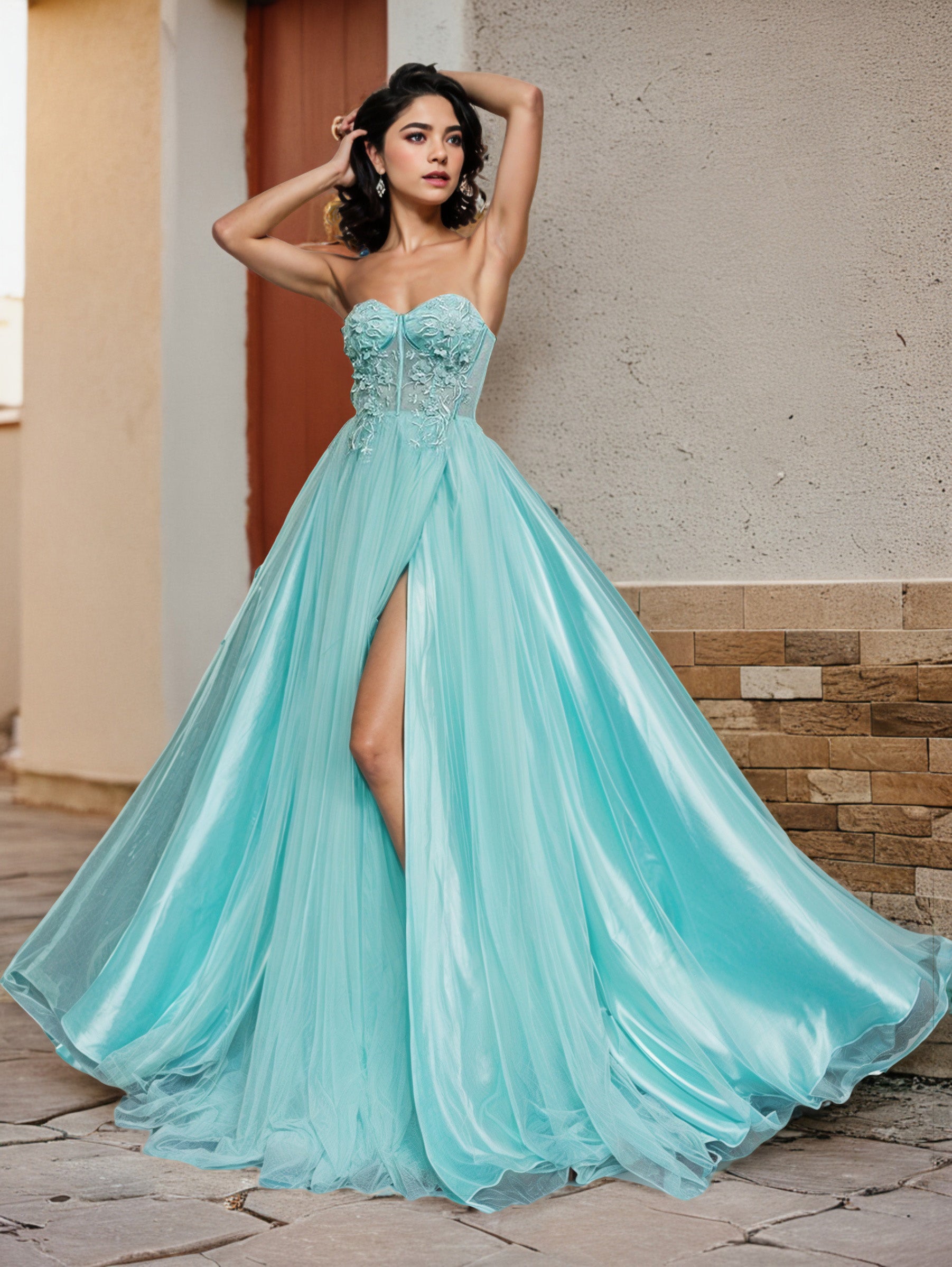 Cache Cœur Trapèze Fendue Robe de Quinceanera en Dentelle et Tulle avec Appliques