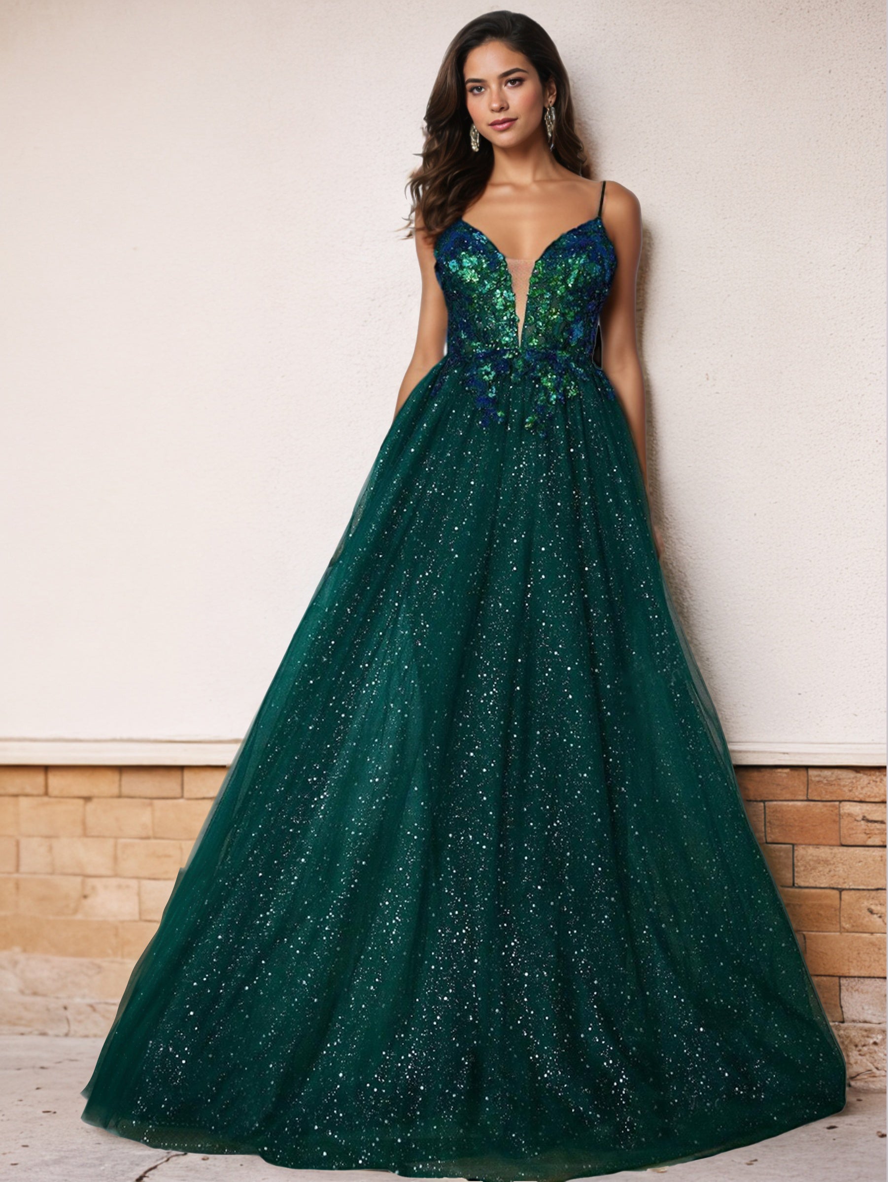 Bretelles Spaghetti Col V Trapèze Robe de Quinceanera avec Balayage/Pinceau Traîne