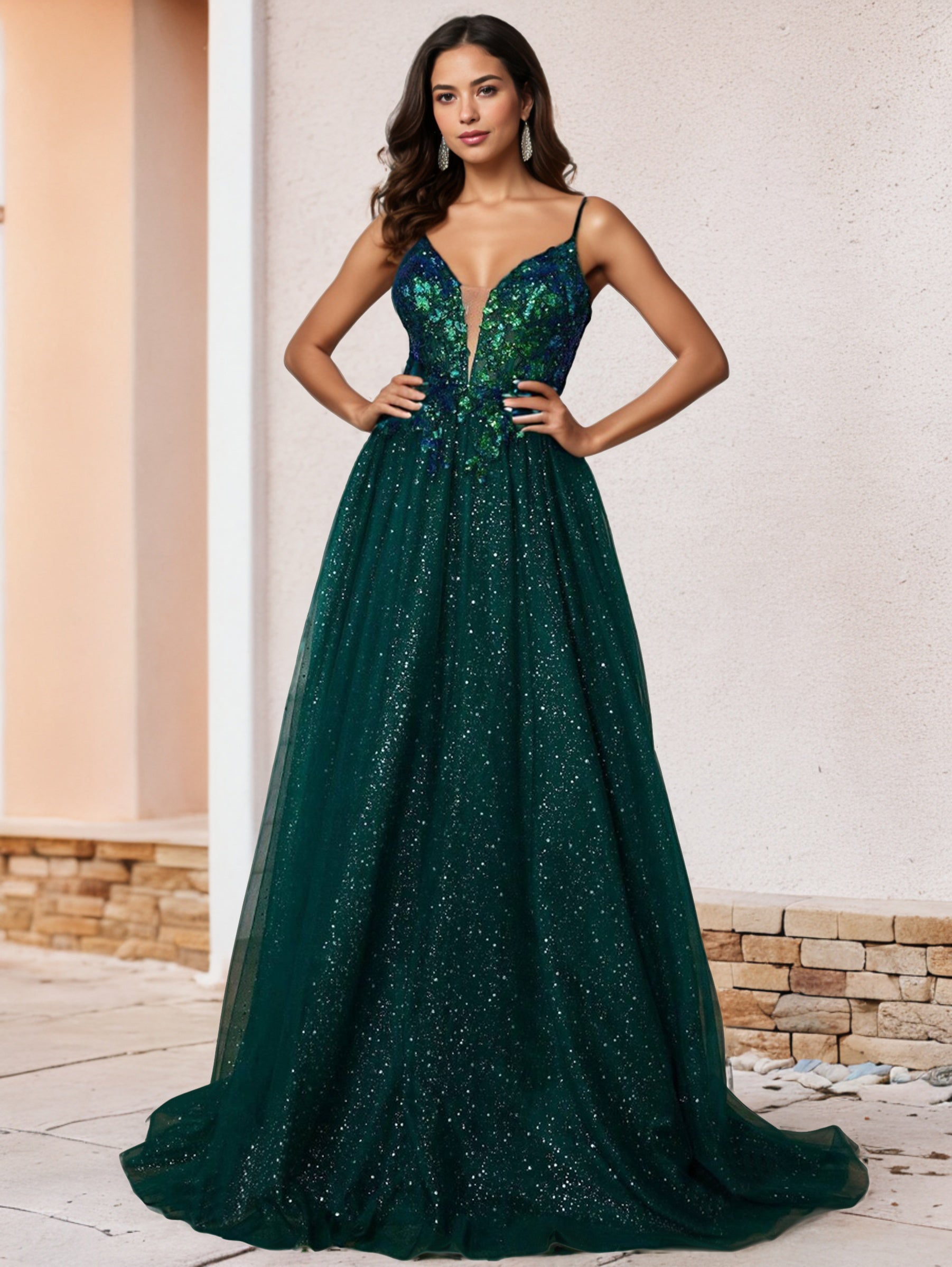 Bretelles Spaghetti Col V Trapèze Robe de Quinceanera avec Balayage/Pinceau Traîne