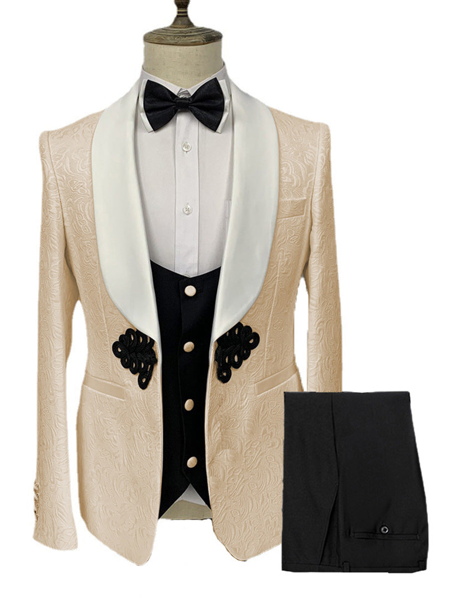 Costume Homme 3 Pièces en CHAMPAGNE à Motif Jacquard Élégance Racée pour Marié et Garçons d'Honneur