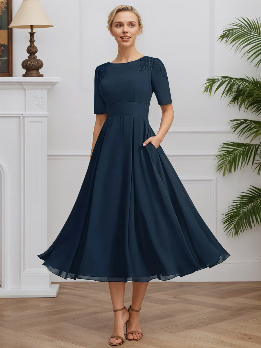 Cicinia Bleu Marine Robe pour Mère de la Mariée Longue en Mousseline et Dentelle Longueur Midi (Thé) Manches Demi-longues