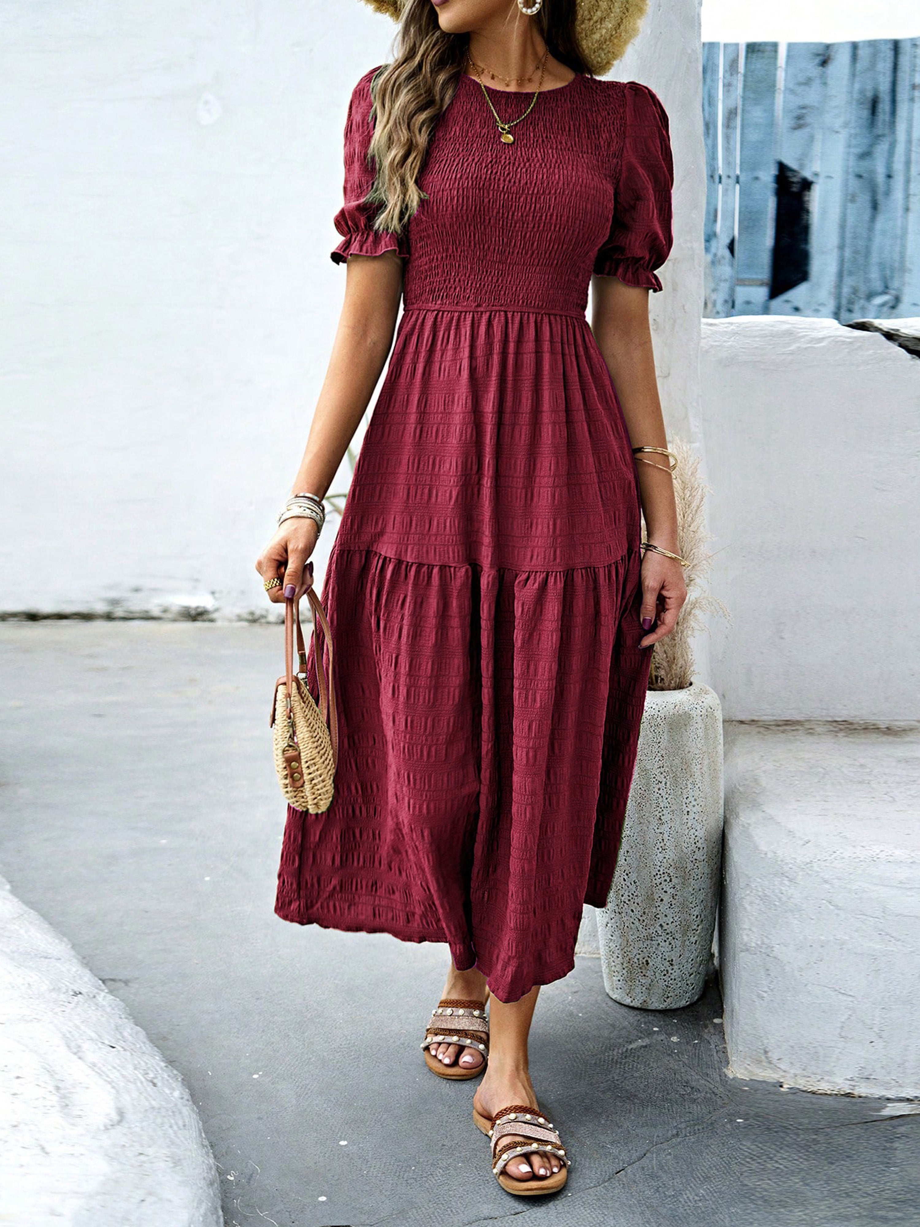 Robe Longue Trapèze Col Rond Manches Courtes à Volants Robe Invitée de Mariage en Bordeaux