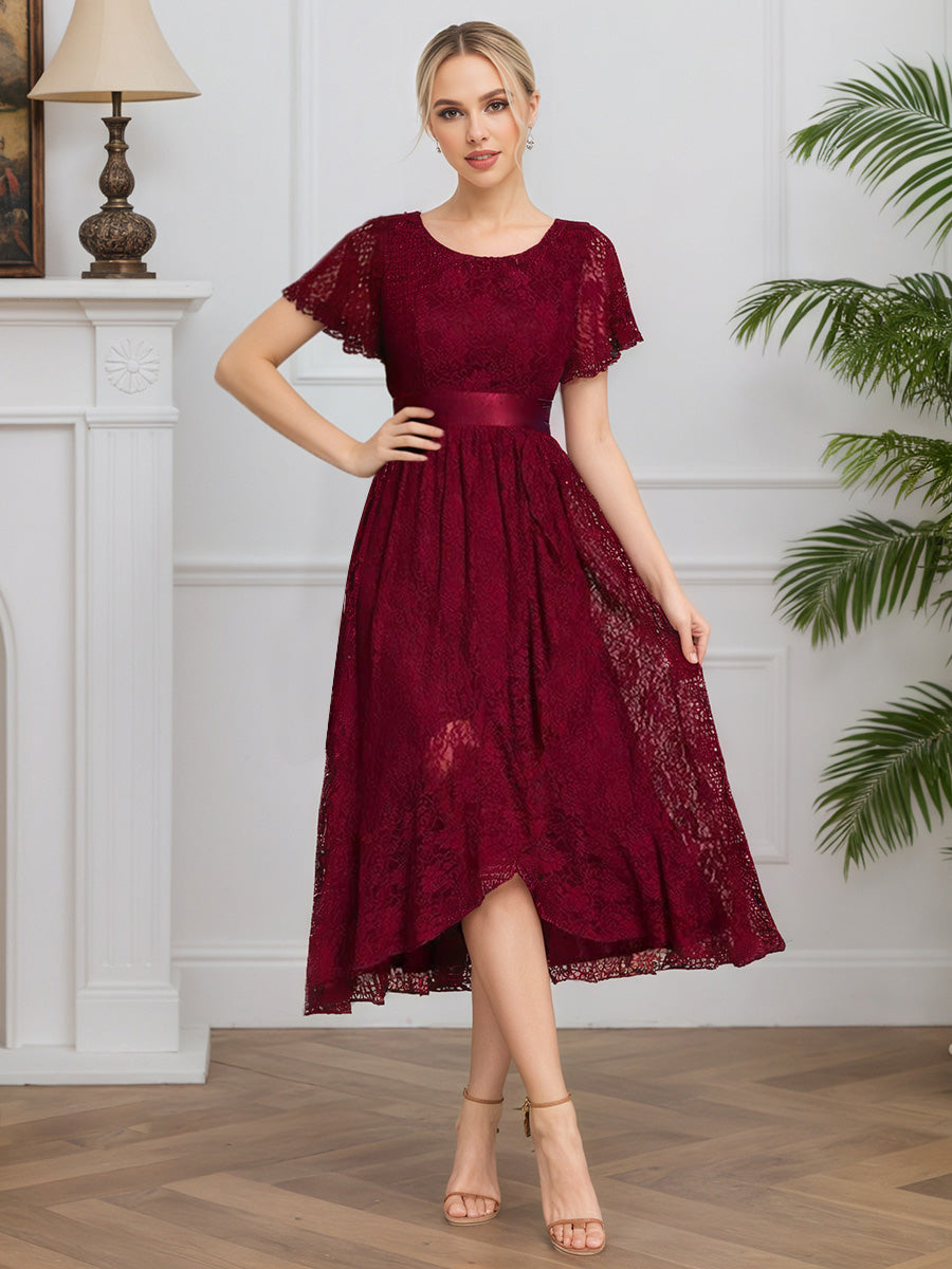 Cicinia BORDEAUX Robe pour Mère de la Mariée Longue en Dentelle A-Line Longueur Midi (Thé) Manches Courtes Grande Taille