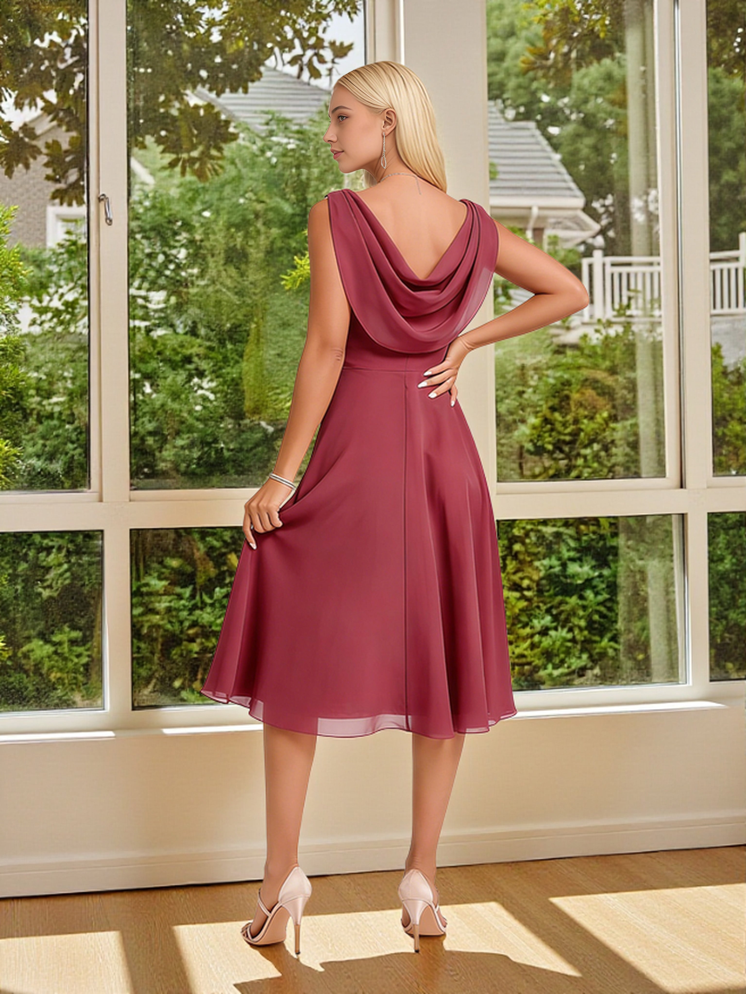 Cicinia Robe Demoiselle d'Honneur Rose Cannelle en Mousseline Col Bénitier Longueur Genoux