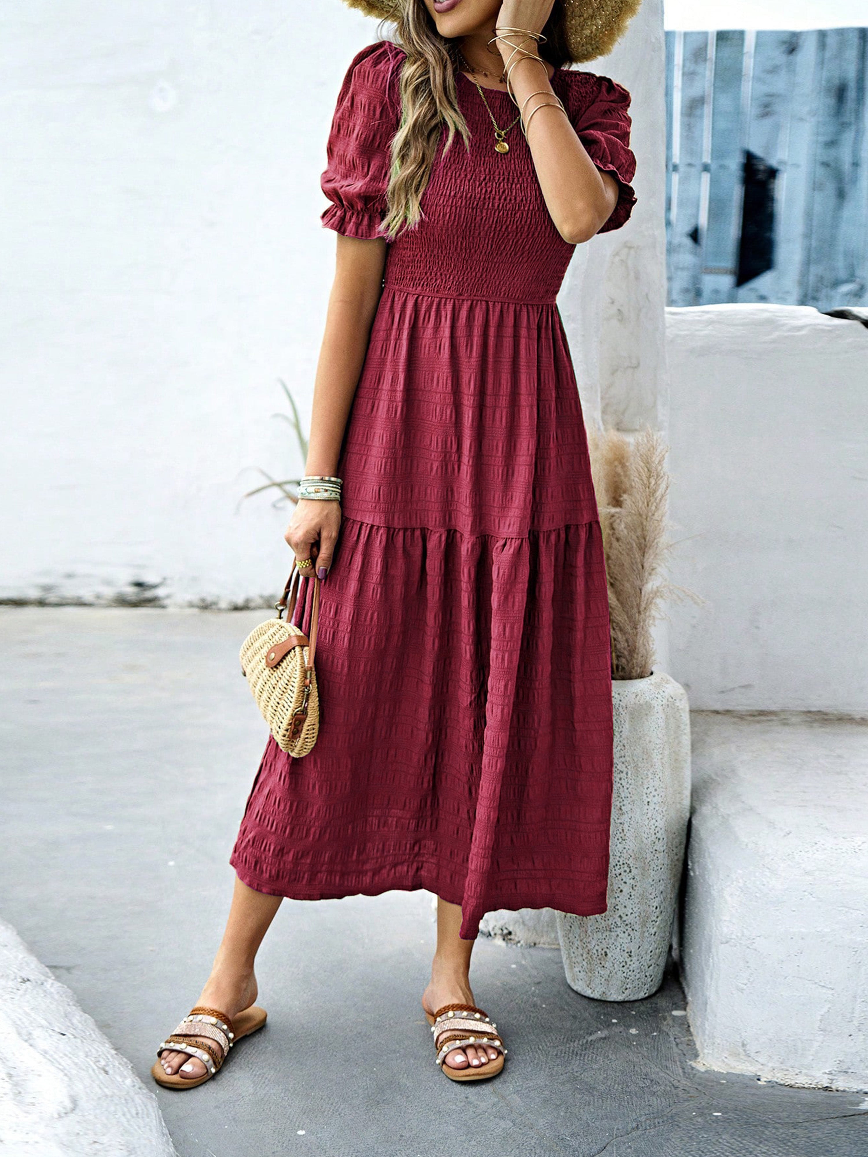 Robe Longue Trapèze Col Rond Manches Courtes à Volants Robe Invitée de Mariage en Bordeaux