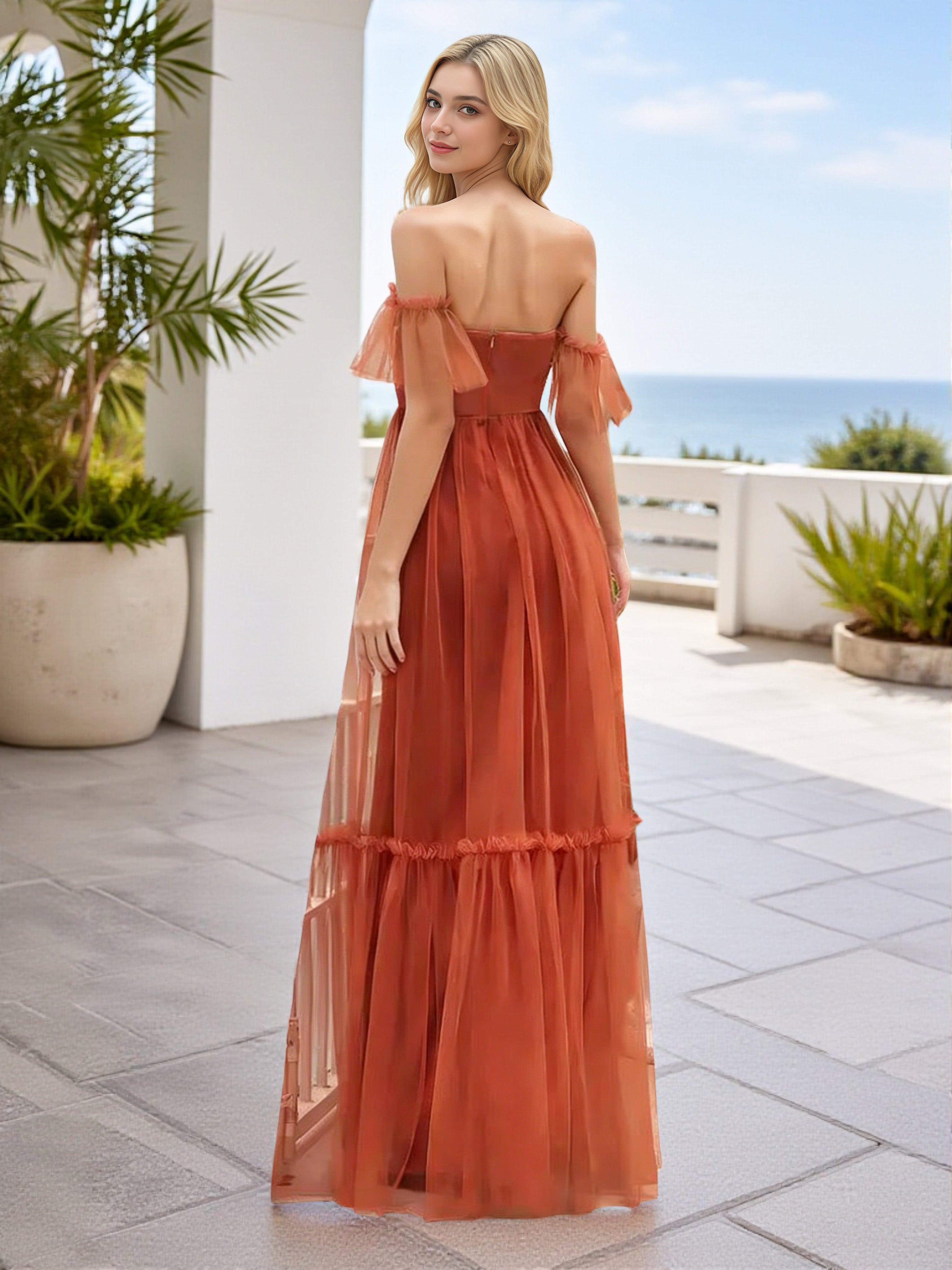 Cicinia Robe Demoiselle d’Honneur Orange Brûlé en Tulle Épaules Dénudées A-Line Manches Flottantes