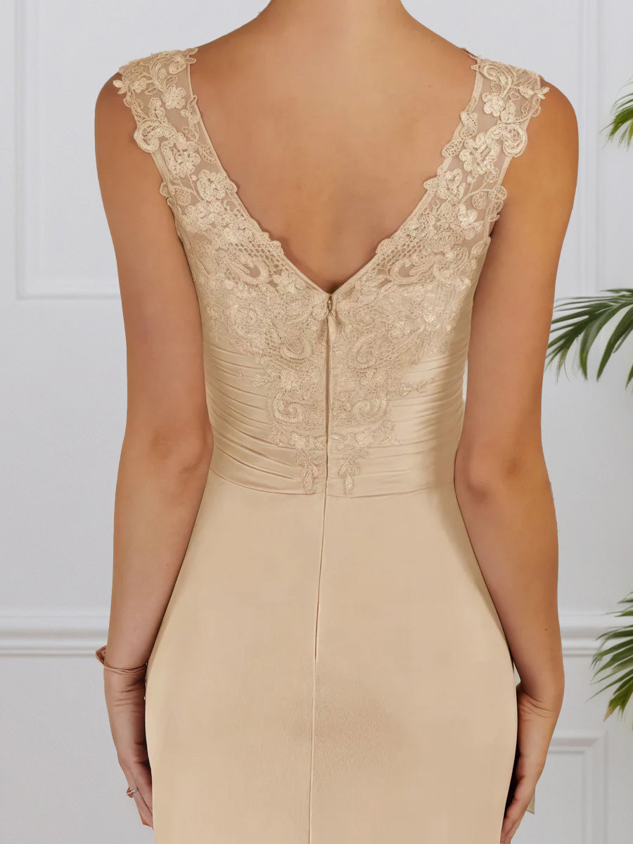 Cicinia Champagne Robe pour Mère de la Mariée Longue en Mousseline et Dentelle Fourreau Longueur Sol