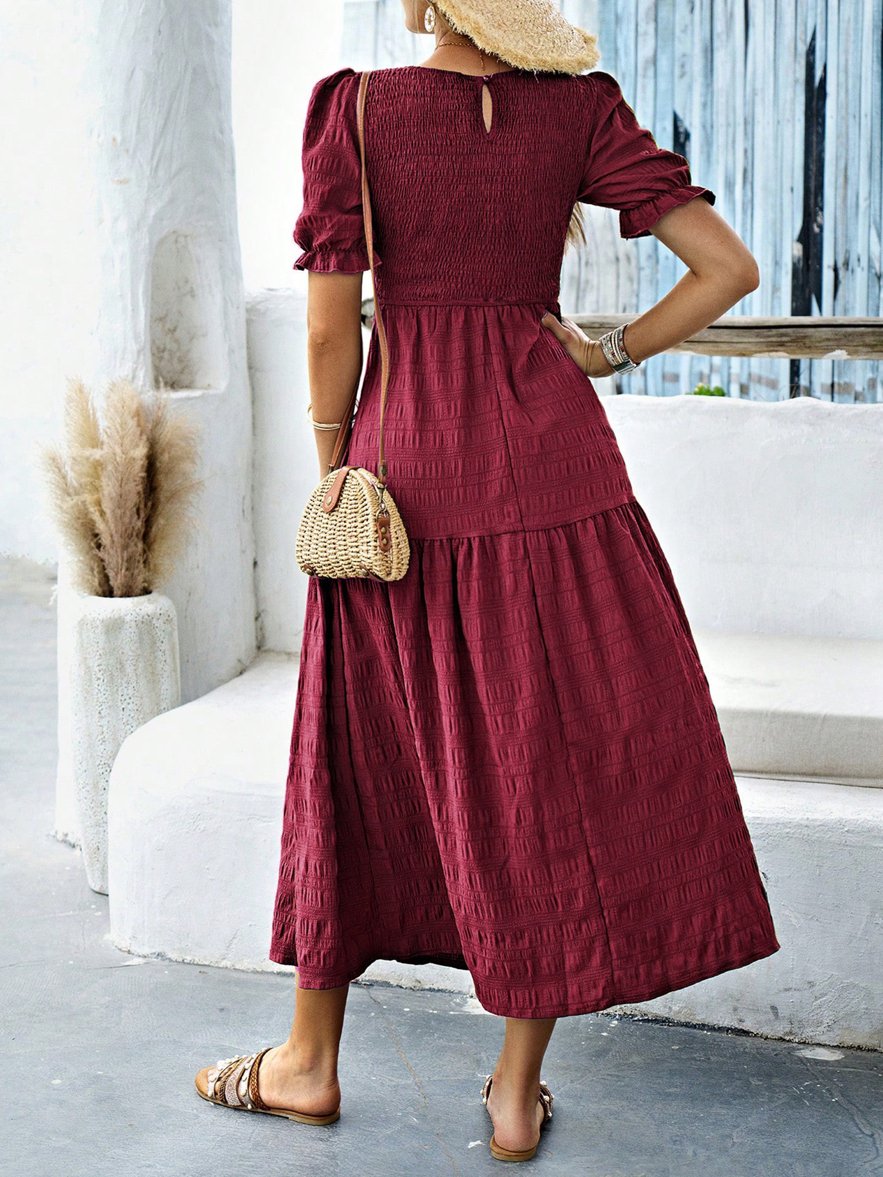 Robe Longue Trapèze Col Rond Manches Courtes à Volants Robe Invitée de Mariage en Bordeaux