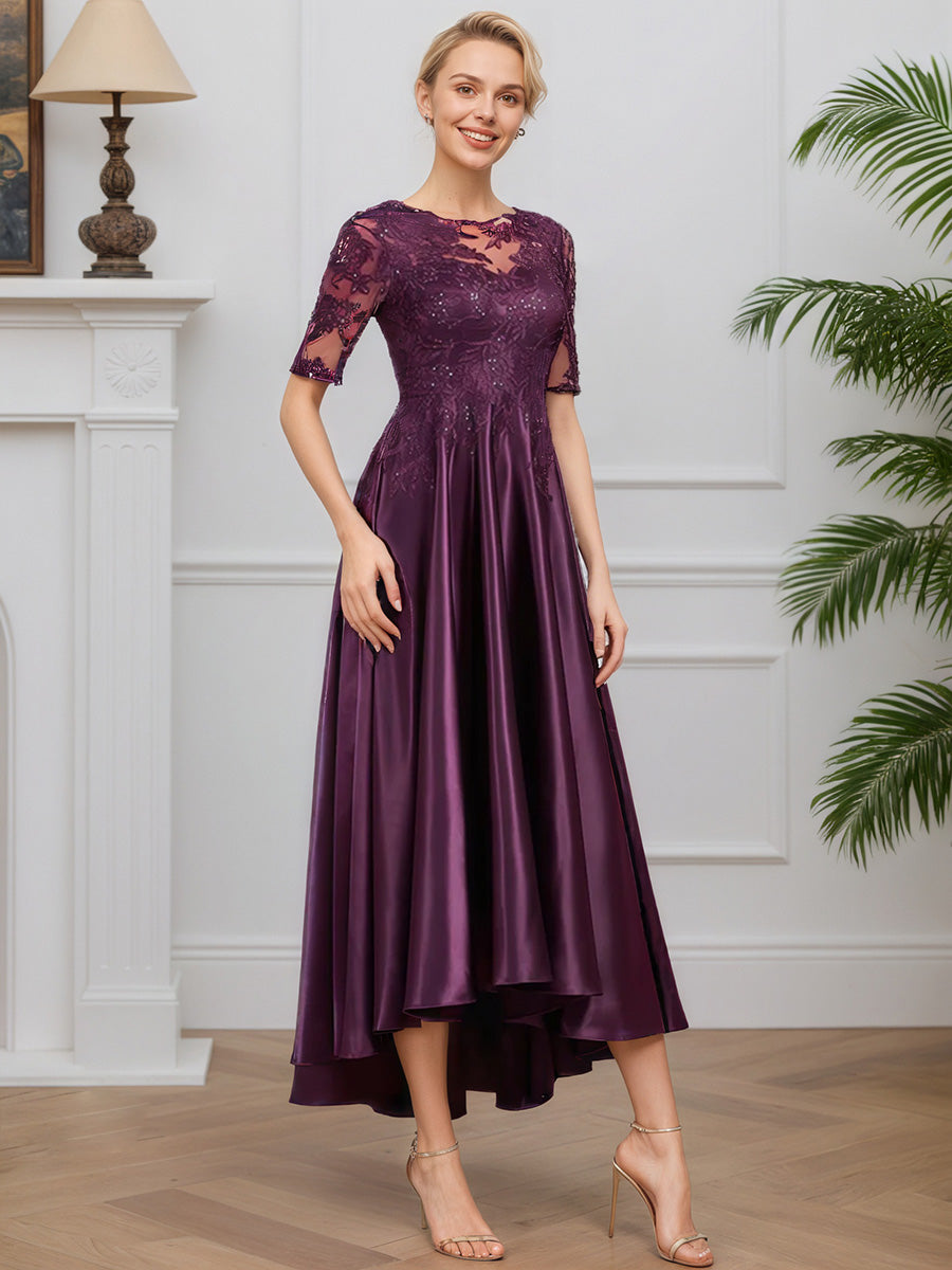 Cicinia Raisin Robe pour Mère de la Mariée Longue en Satin Doux et Dentelle A-Line Longueur Midi