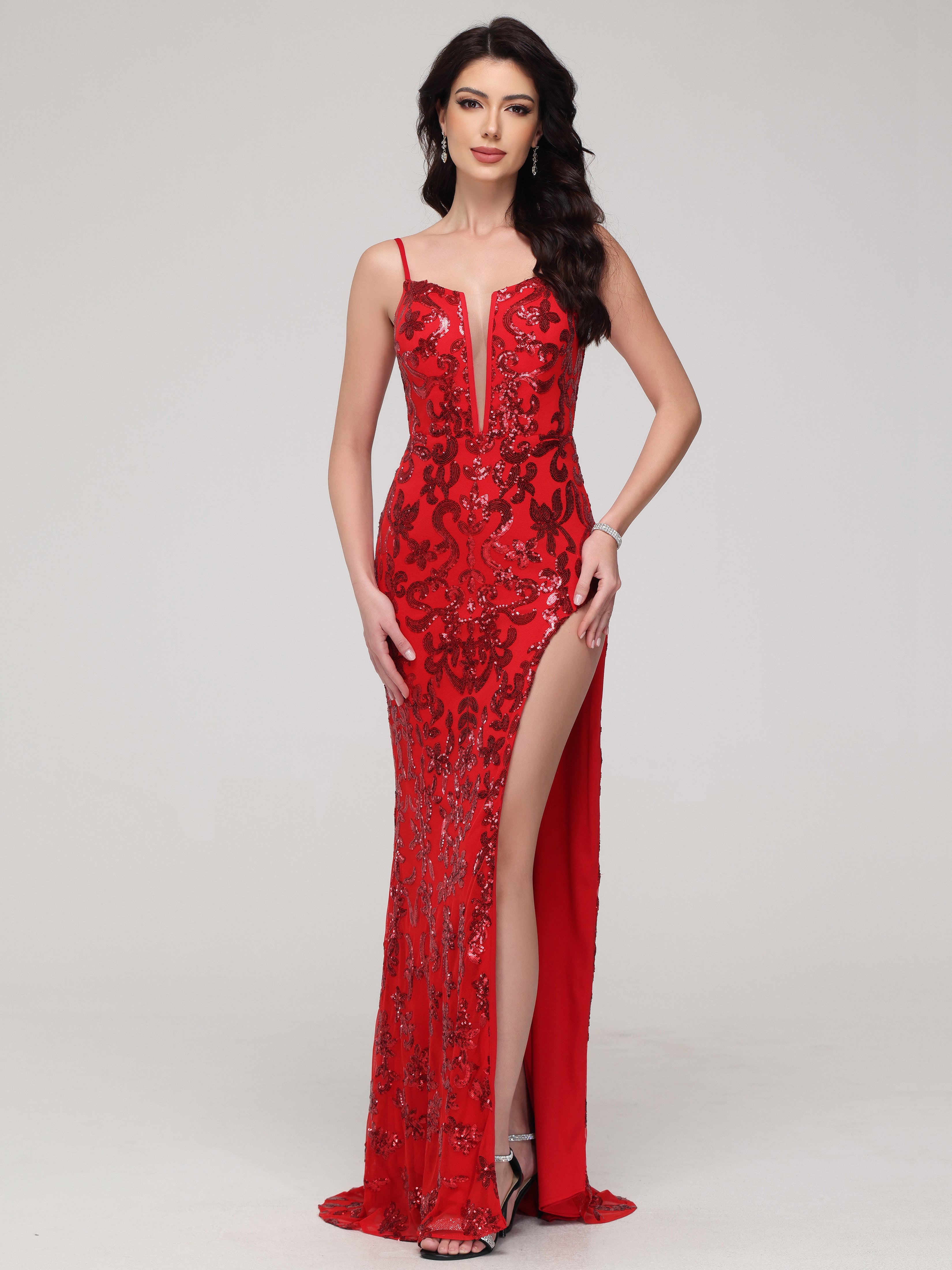 Forme Sirène Fendue latérale Bretelle croisées Paillettes Robe de Soirée avec traîne