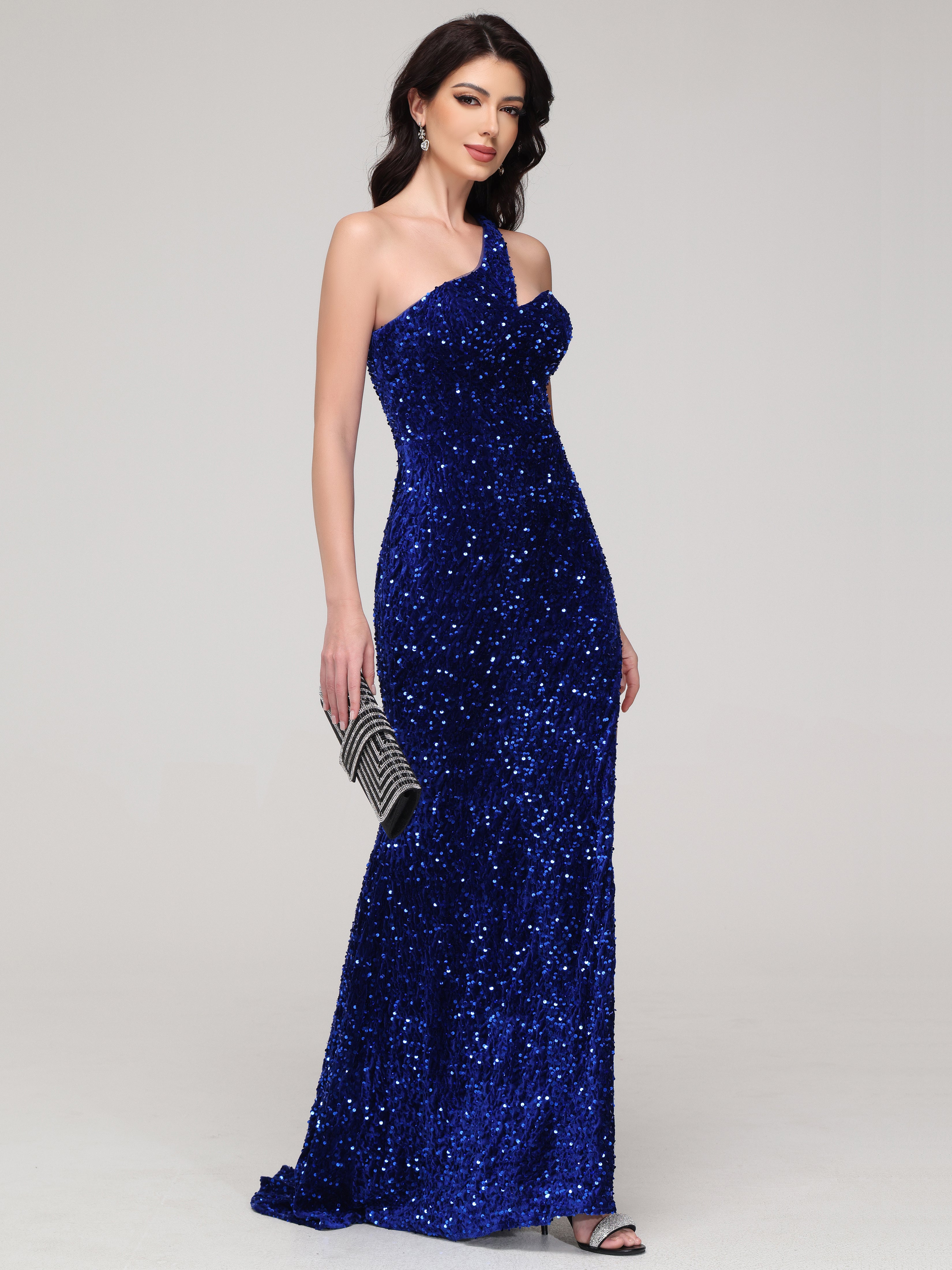 Encolure asymétrique Forme Sirène Fendue Velours Paillettes Robe de Soirée avec traîne