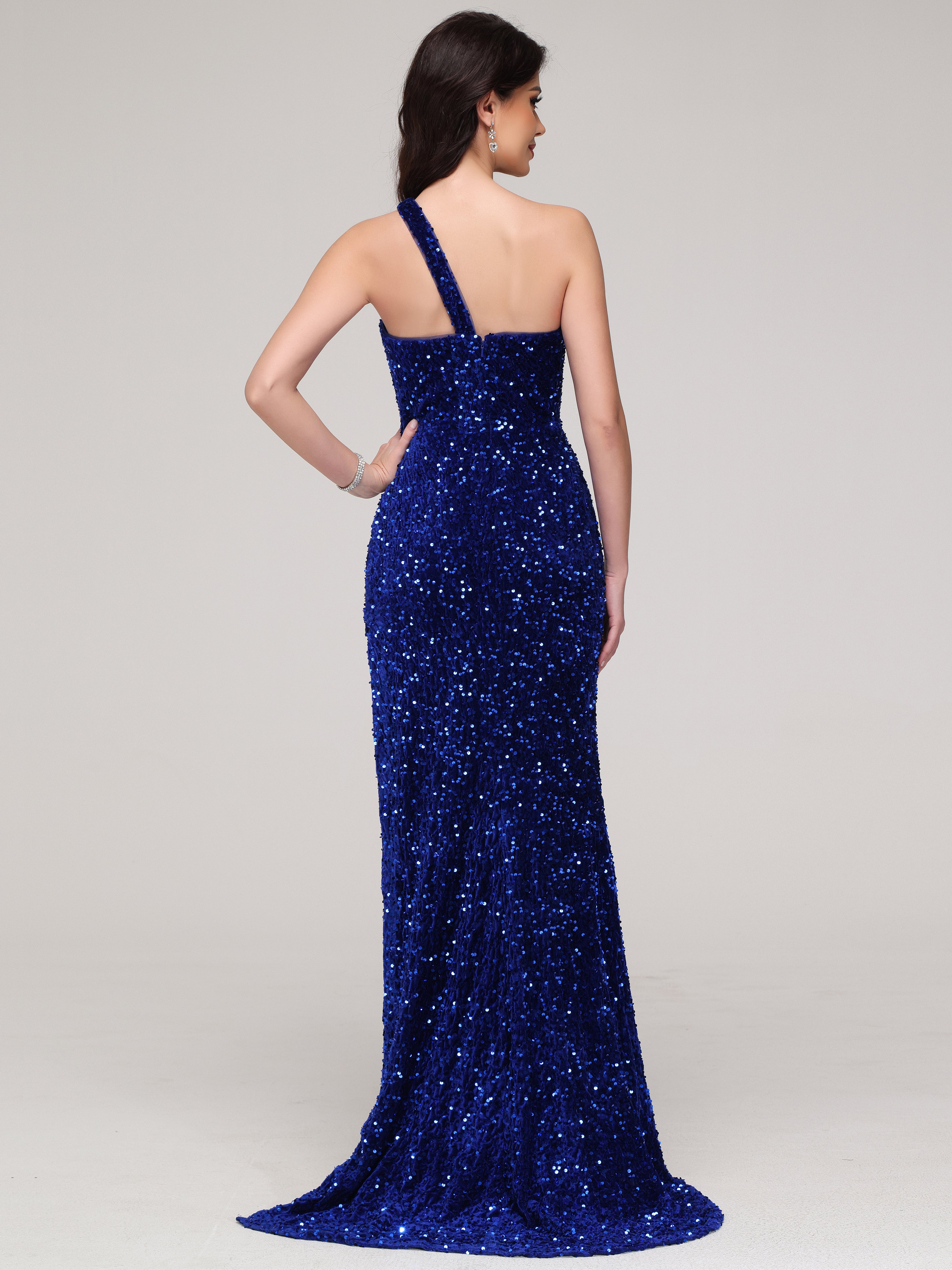 Encolure asymétrique Forme Sirène Fendue Velours Paillettes Robe de Soirée avec traîne