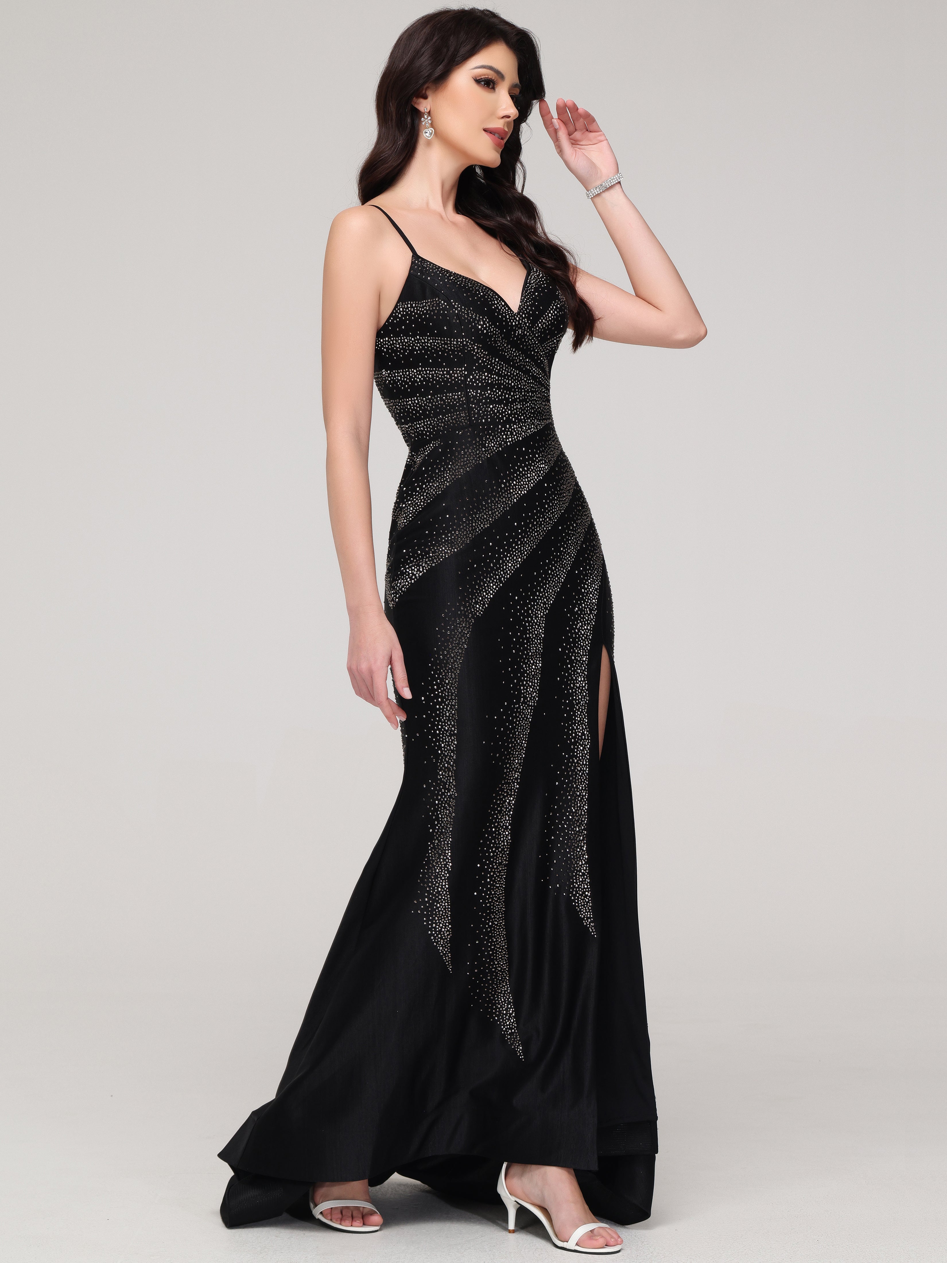 Forme Sirène Bretelles Spaghetti Fendue Col V Strass Tissu Stretch Robe de Soirée avec traîne