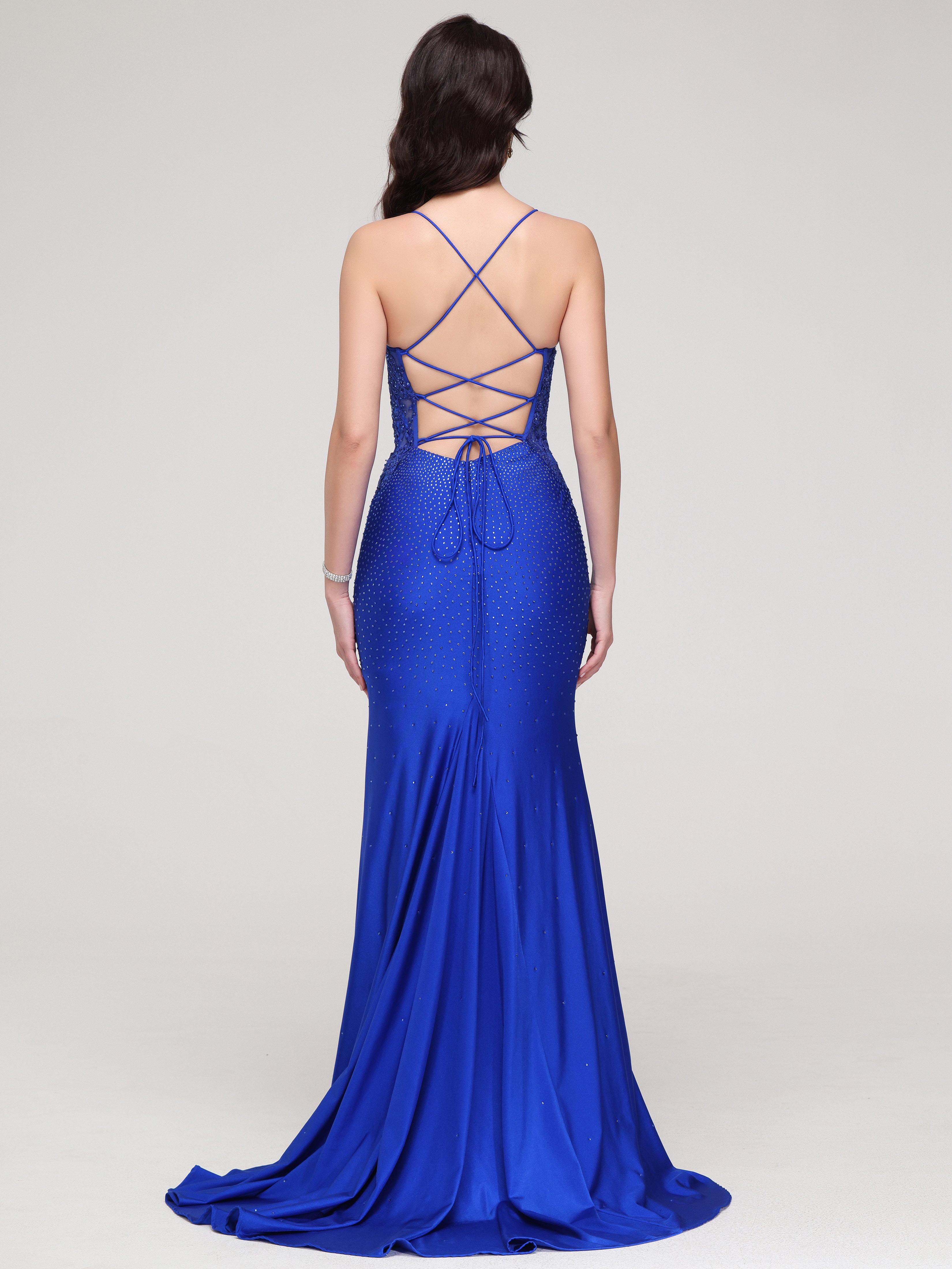 Forme Sirène Bretelles croiseés Strass Tissu Stretch Robe de Soirée avec traîne