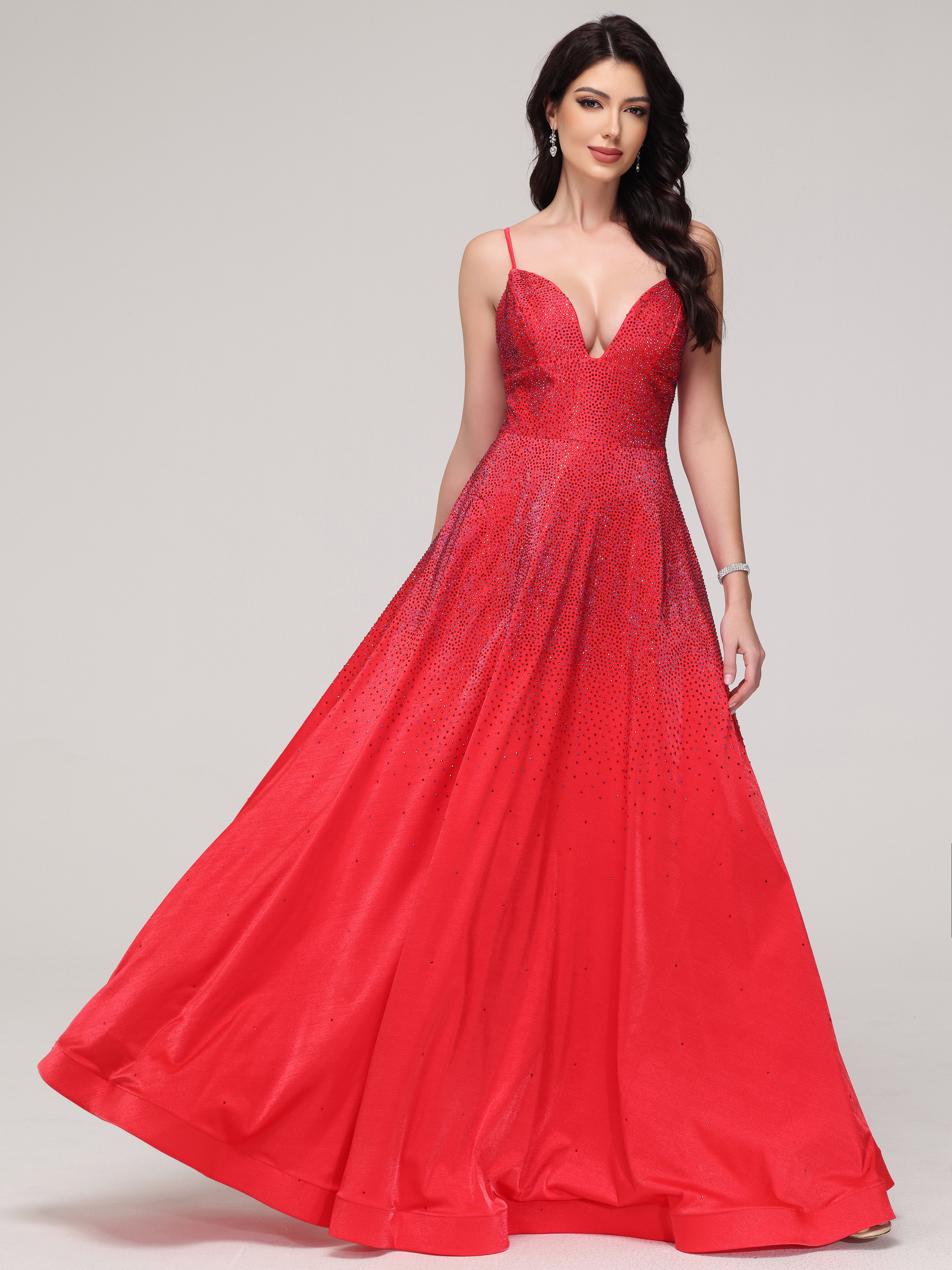 Trapèze Bretelles Spaghetti Col V Strass Tissu Stretch Robe de Soirée