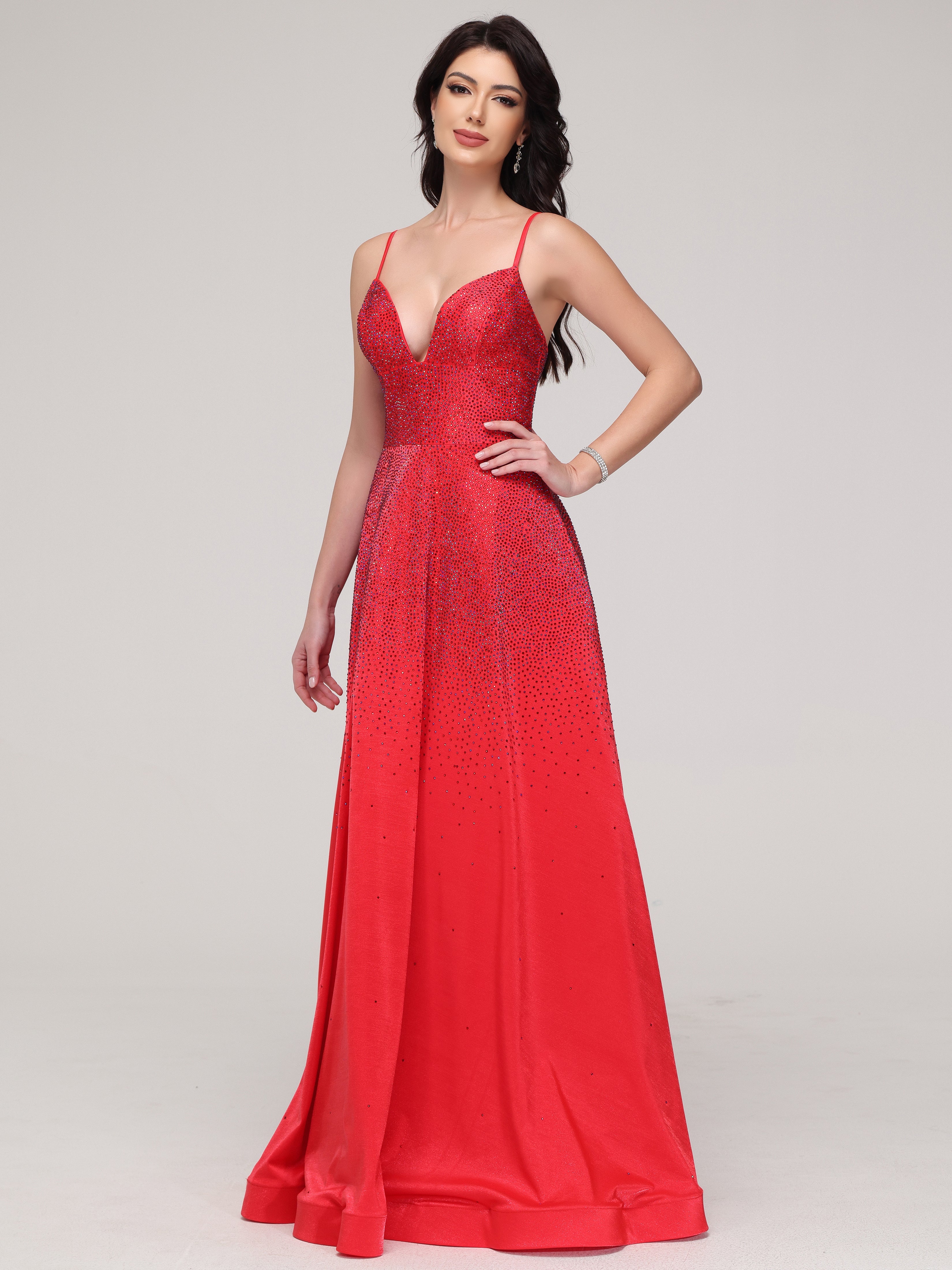 Trapèze Bretelles Spaghetti Col V Strass Tissu Stretch Robe de Soirée