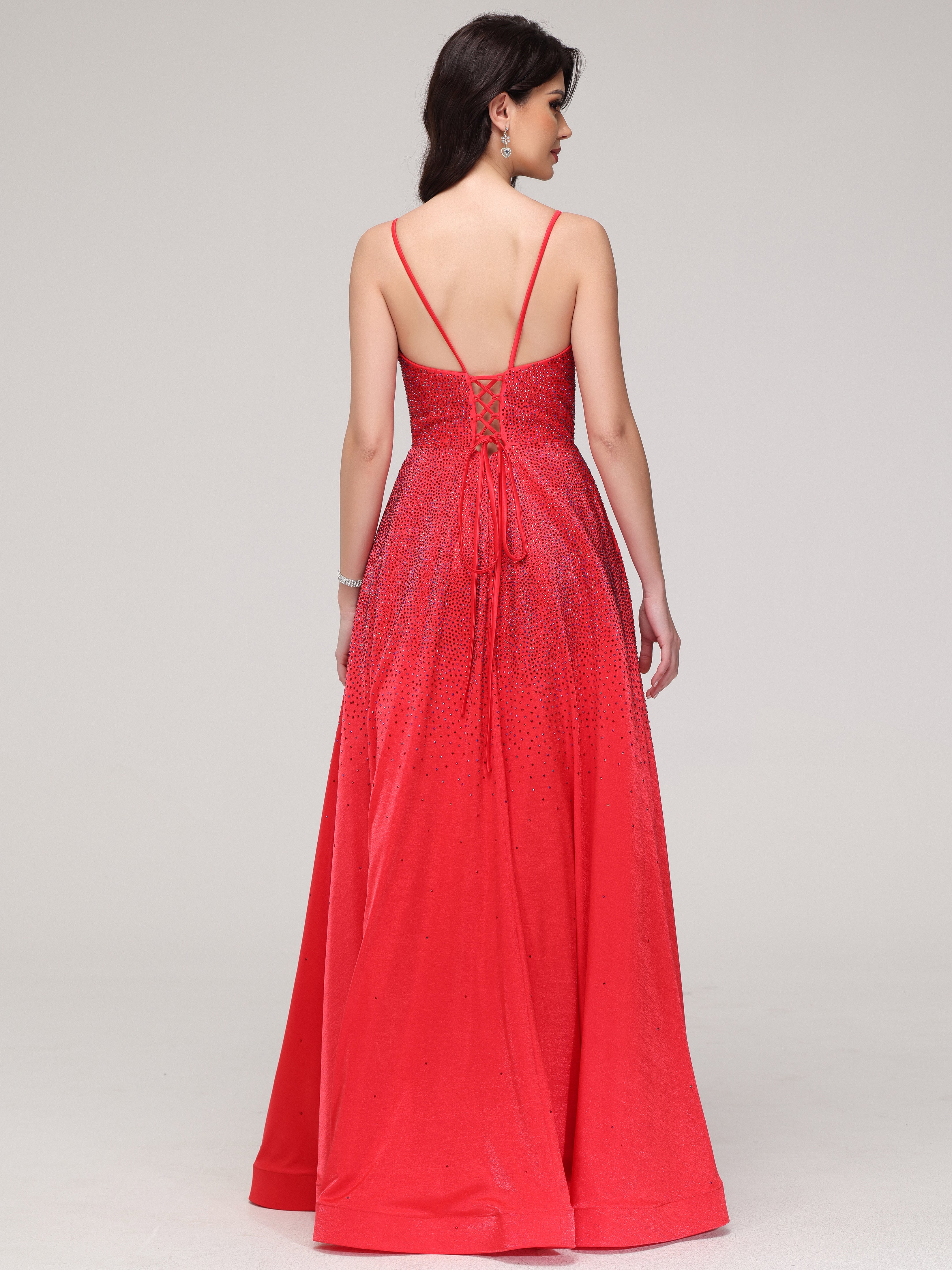 Trapèze Bretelles Spaghetti Col V Strass Tissu Stretch Robe de Soirée