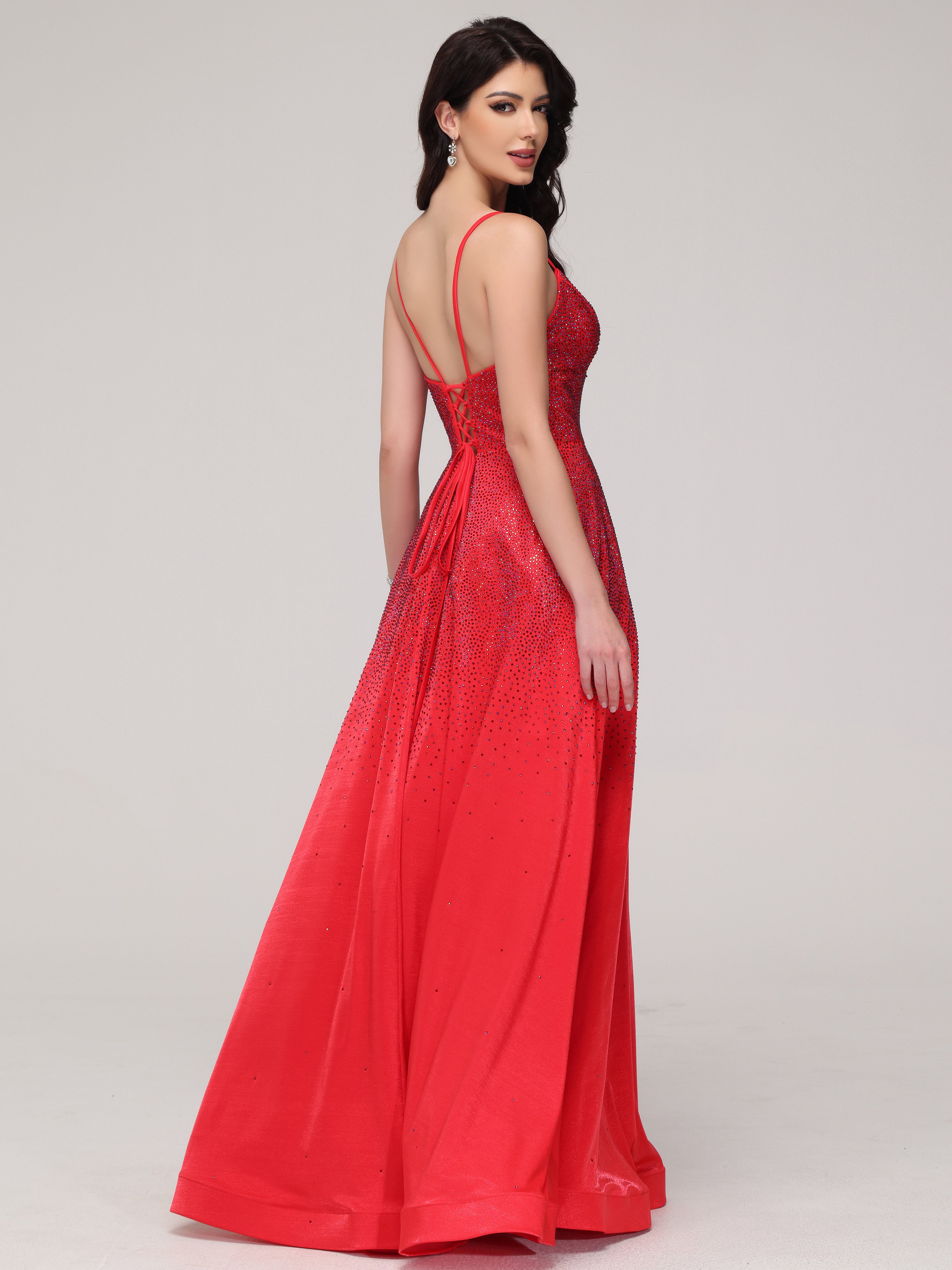 Trapèze Bretelles Spaghetti Col V Strass Tissu Stretch Robe de Soirée