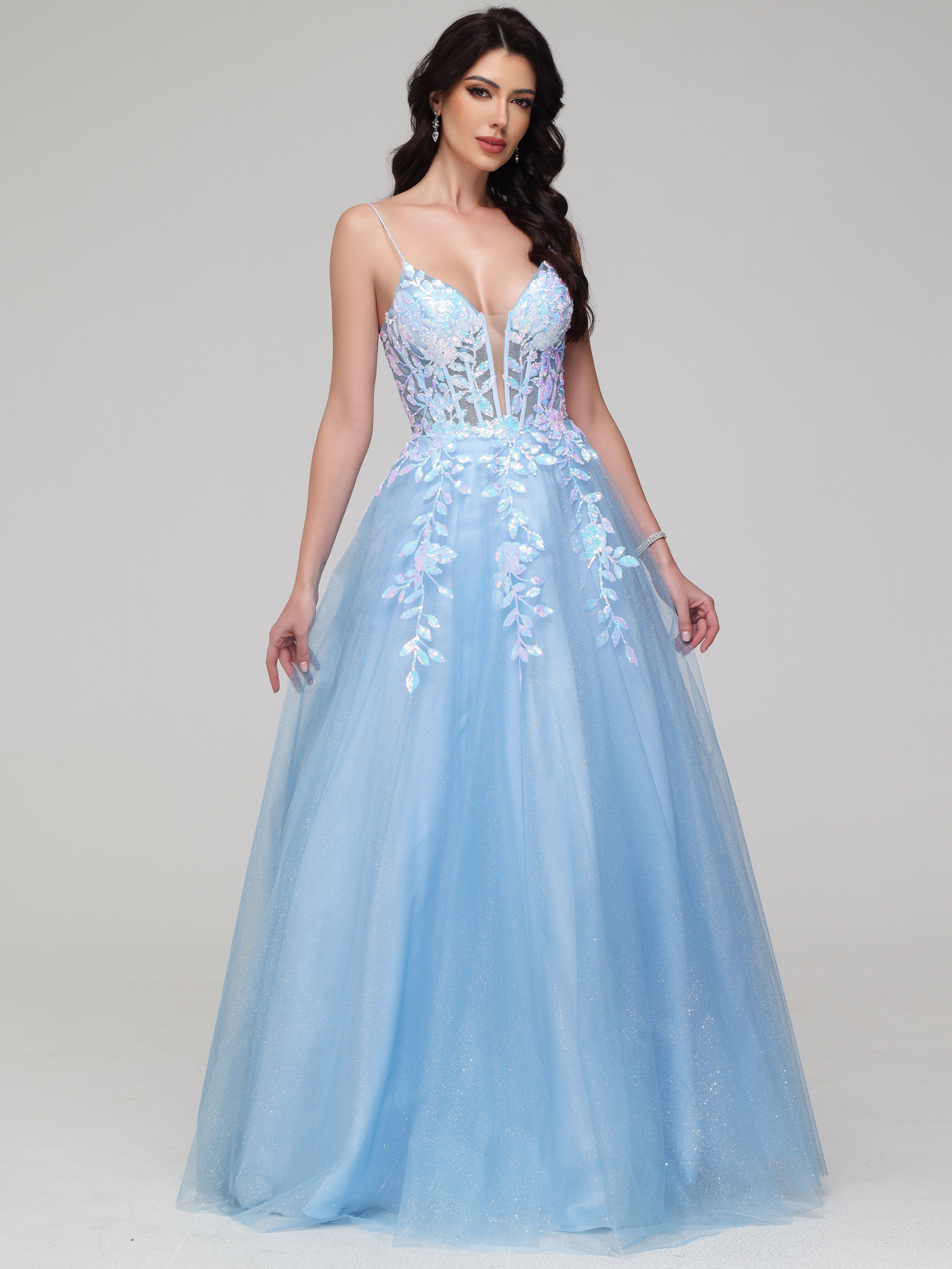 Trapèze Col V Bretelles Spaghetti Dentelle Paillettees Robe de Soirée