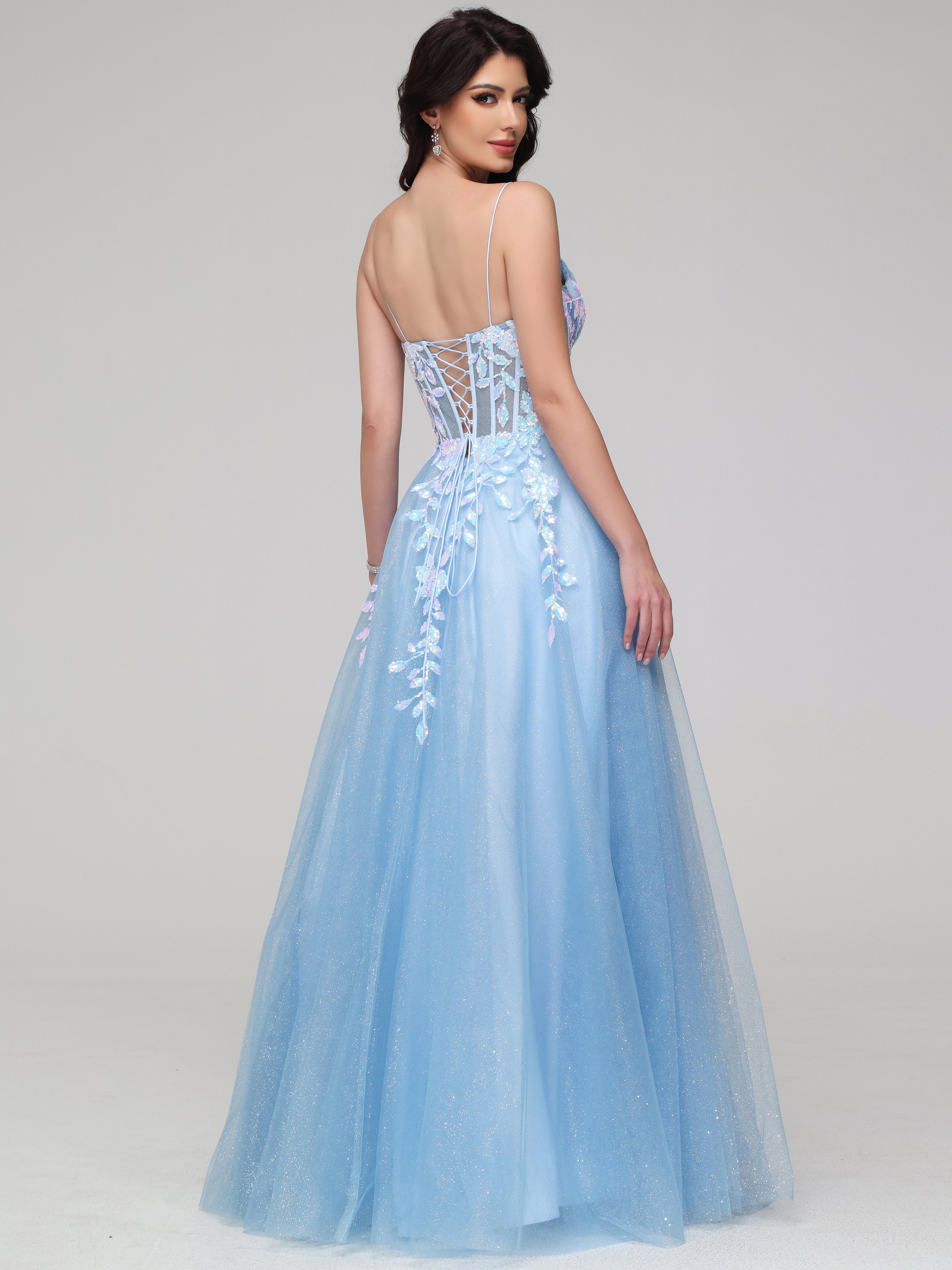 Trapèze Col V Bretelles Spaghetti Dentelle Paillettees Robe de Soirée