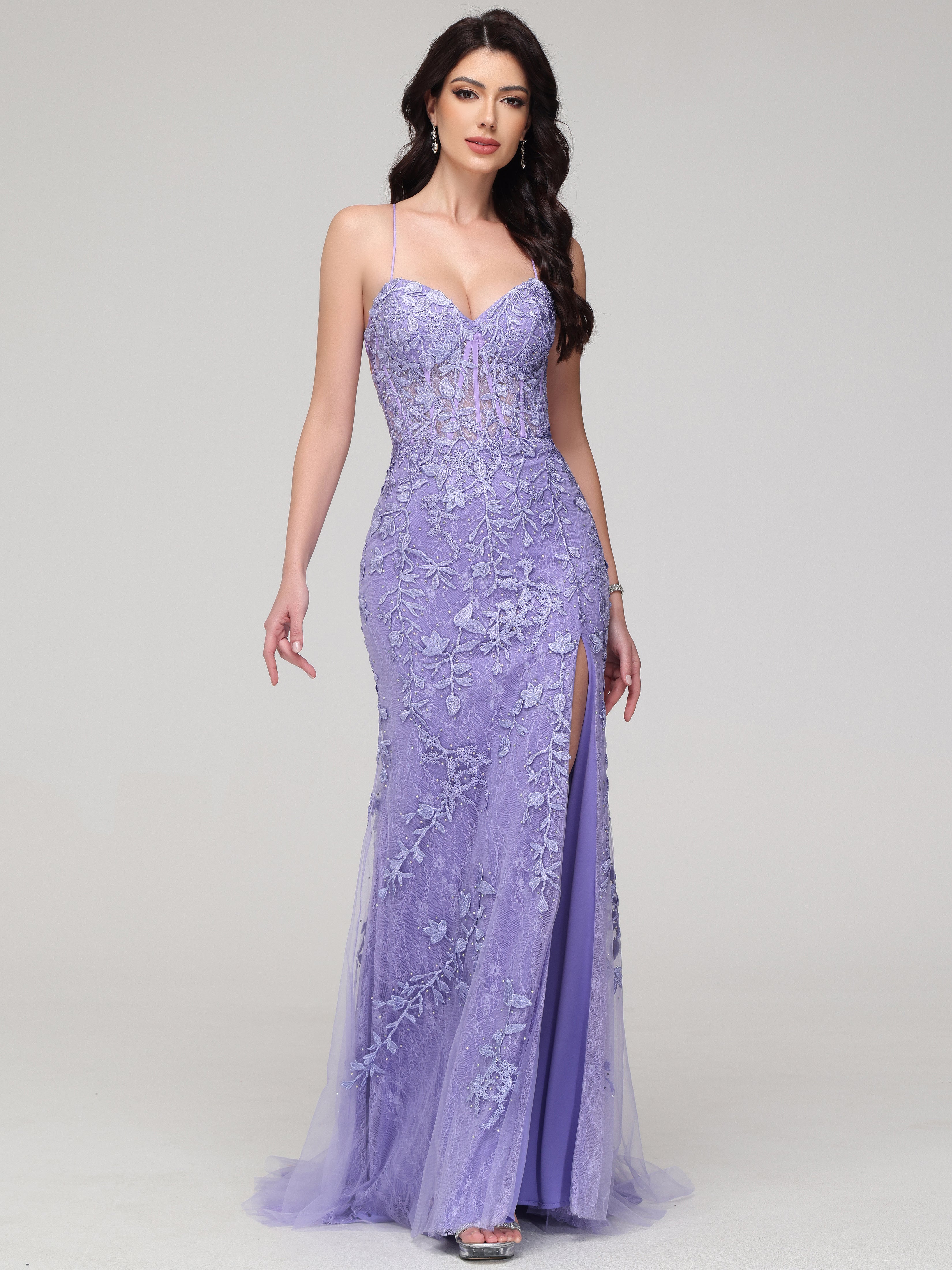 Forme sirène Bretelles Spaghetti Fendue Strass Tulle Dentelle Robe de Soirée avec traîne LILAS