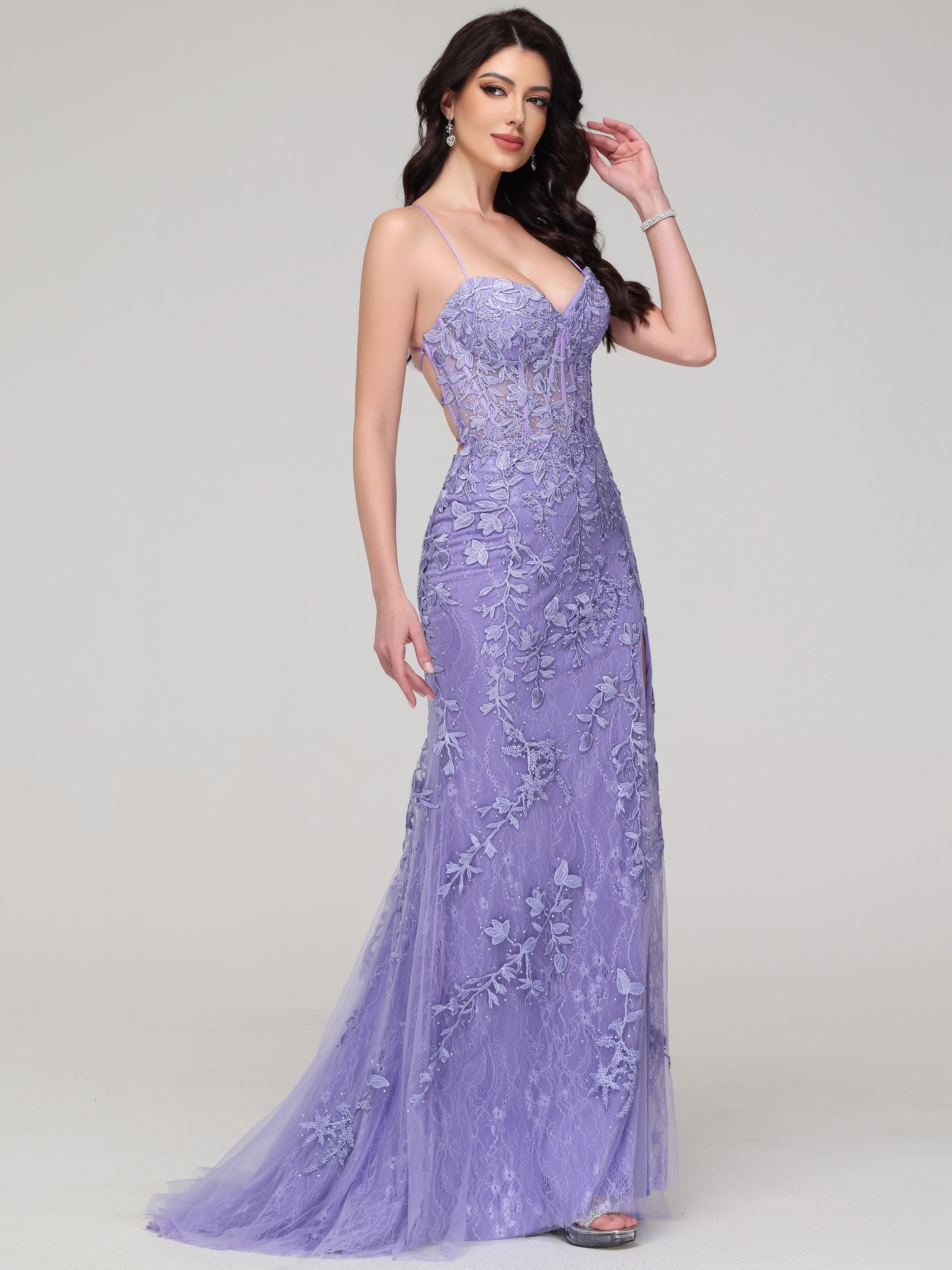 Forme sirène Bretelles Spaghetti Fendue Strass Tulle Dentelle Robe de Soirée avec traîne LILAS